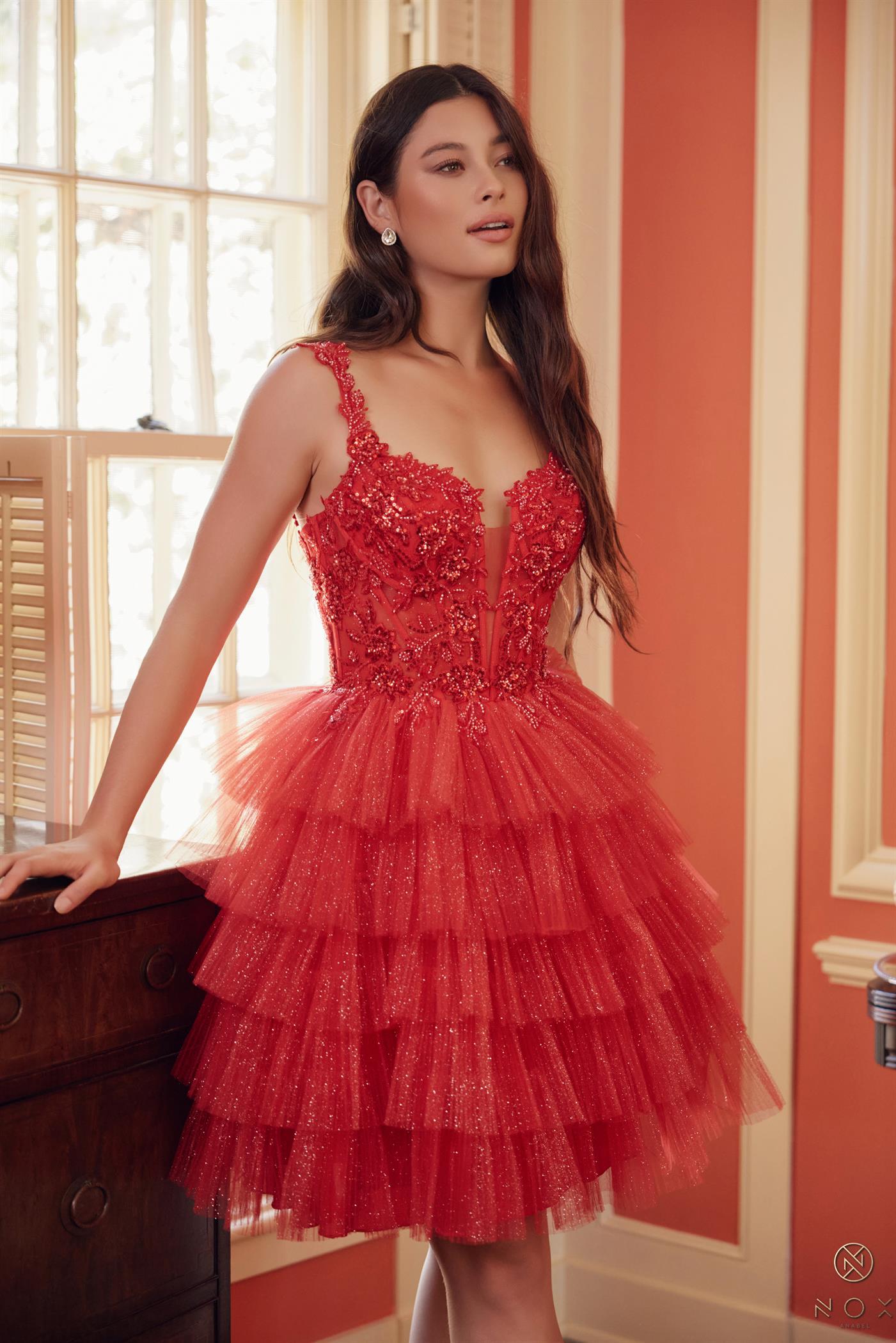 V-Neck Emblished Straps Glitter Tulle Beaded Formal Dress #E904