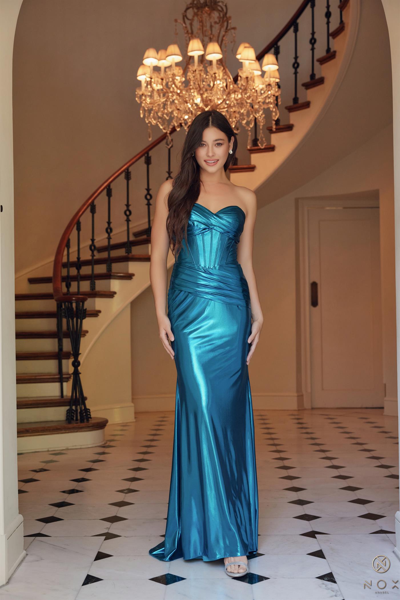 Fitted Sweetheart Corset Gathered Long Teal Formal Gown #T1489