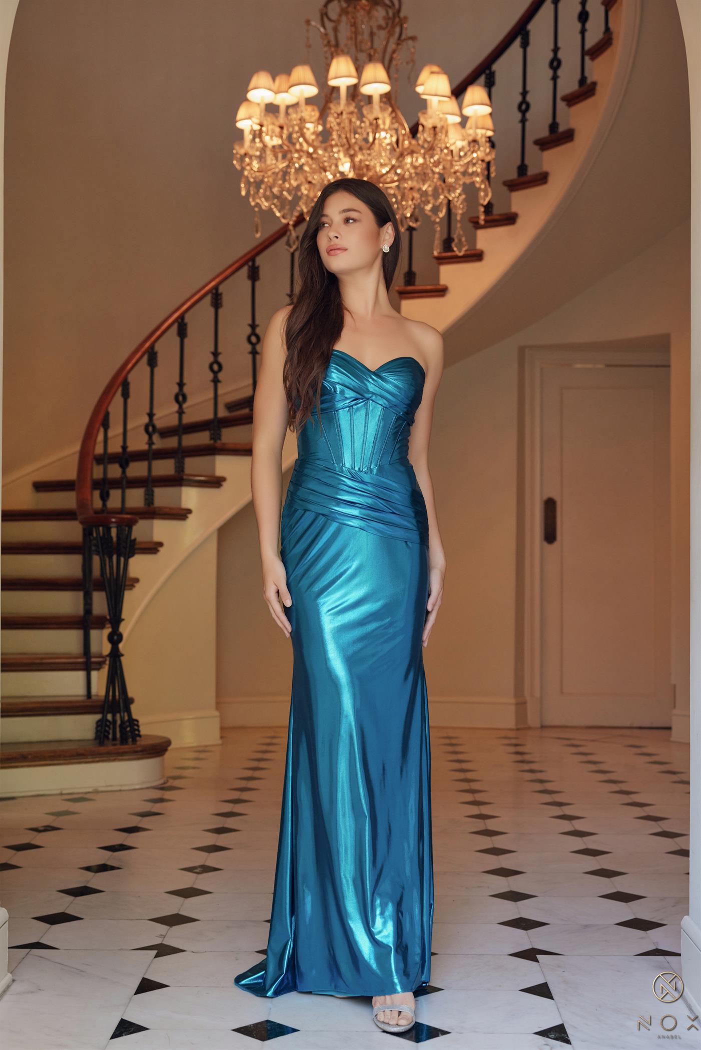 Fitted Sweetheart Corset Gathered Long Teal Formal Gown #T1489