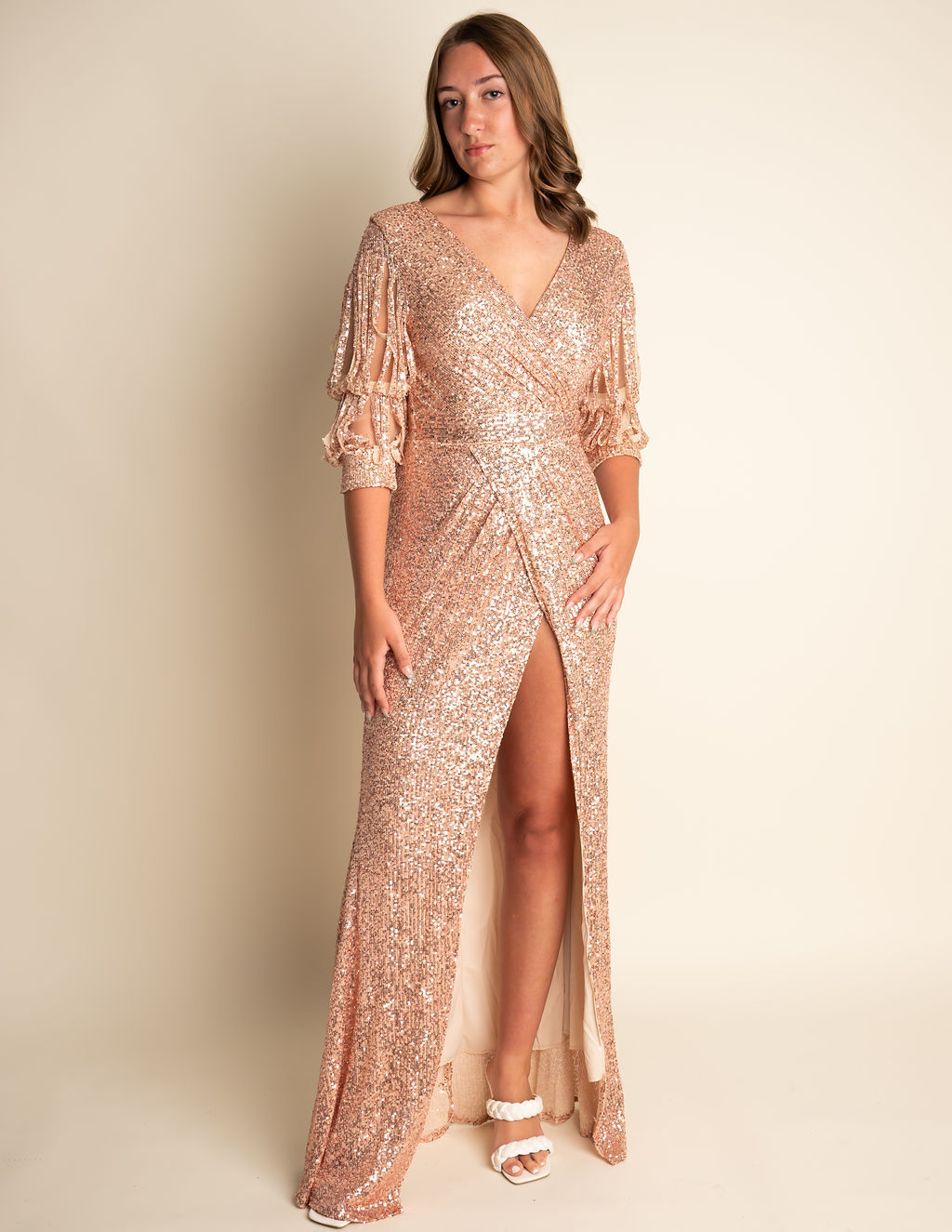 A-Line Rose Gold V-neck 3/4 Sleeve Sequin Bridesmaid Dress With Slit