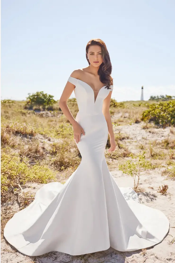MARTIN THORNBURG 122234 Alluring Fit and Flare Off-the-Shoulder Wedding Dress