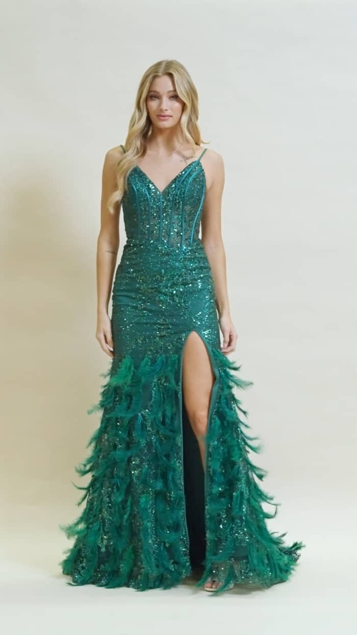 Chic A-Line V-Neckline Feathers Thin Spaghetti Straps Gown #C1119