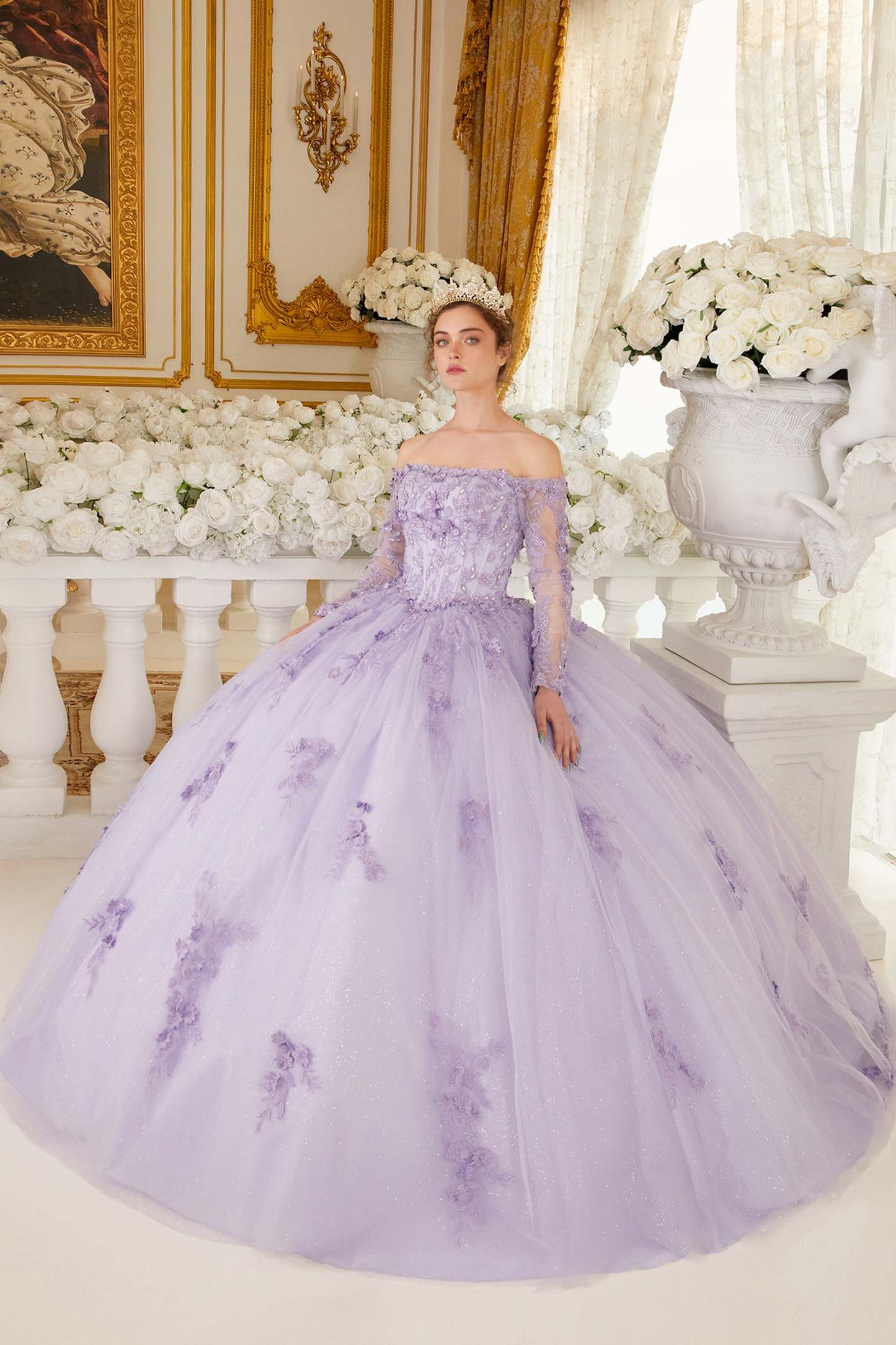 Off The Shoulder Lace Long Sleeve Ball Gown #15706