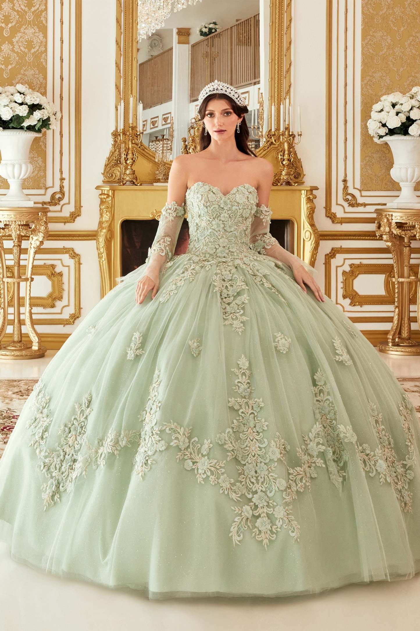 Layered Tulle Ball Gown With Floral Applique #15714