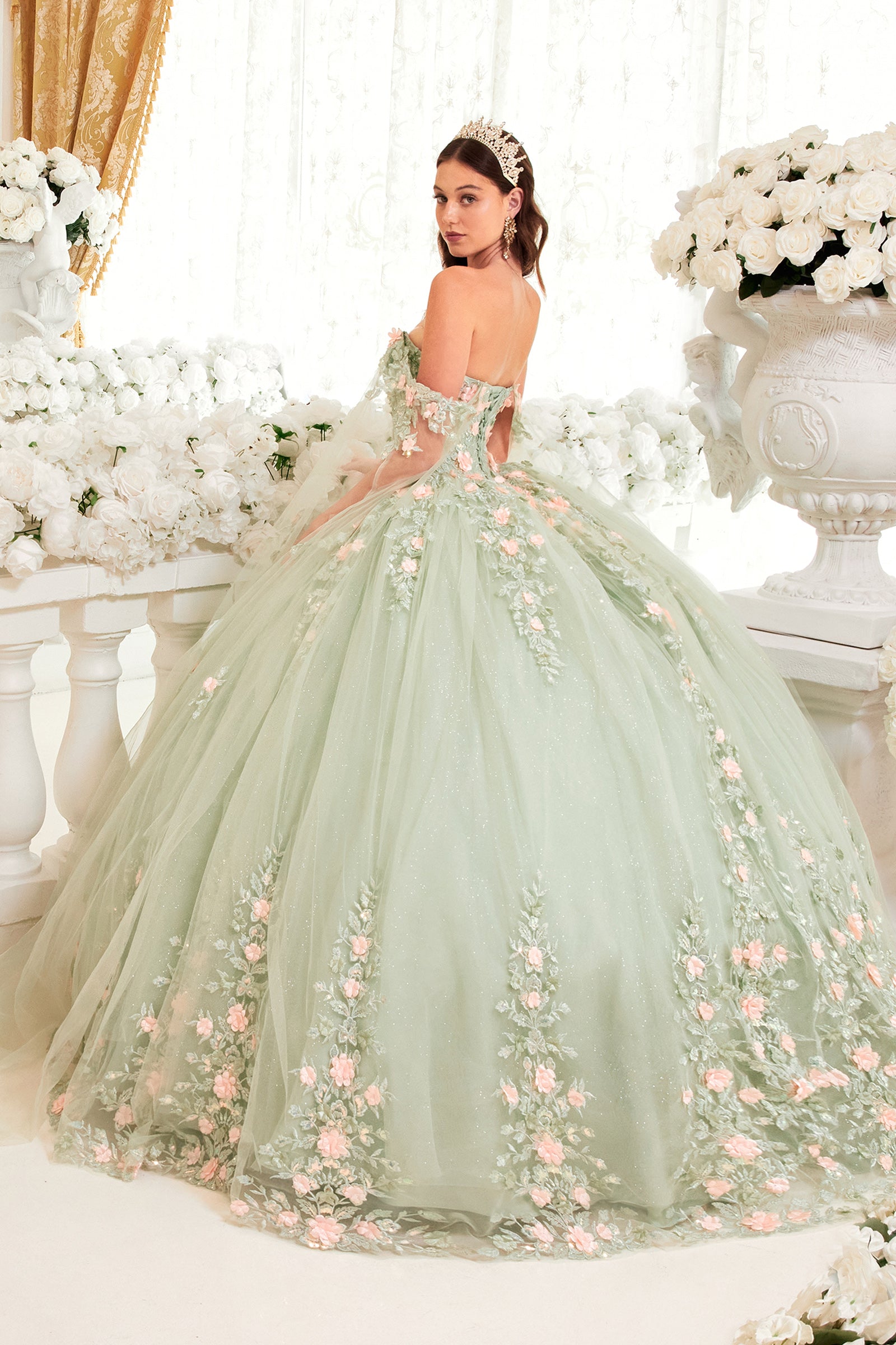 Sage Cape Ball Gown With Blush Floral Details #15716