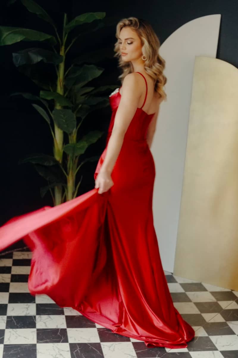 Stunning Spaghetti Straps Beaded Cowl Neck Satin Gown #E1242