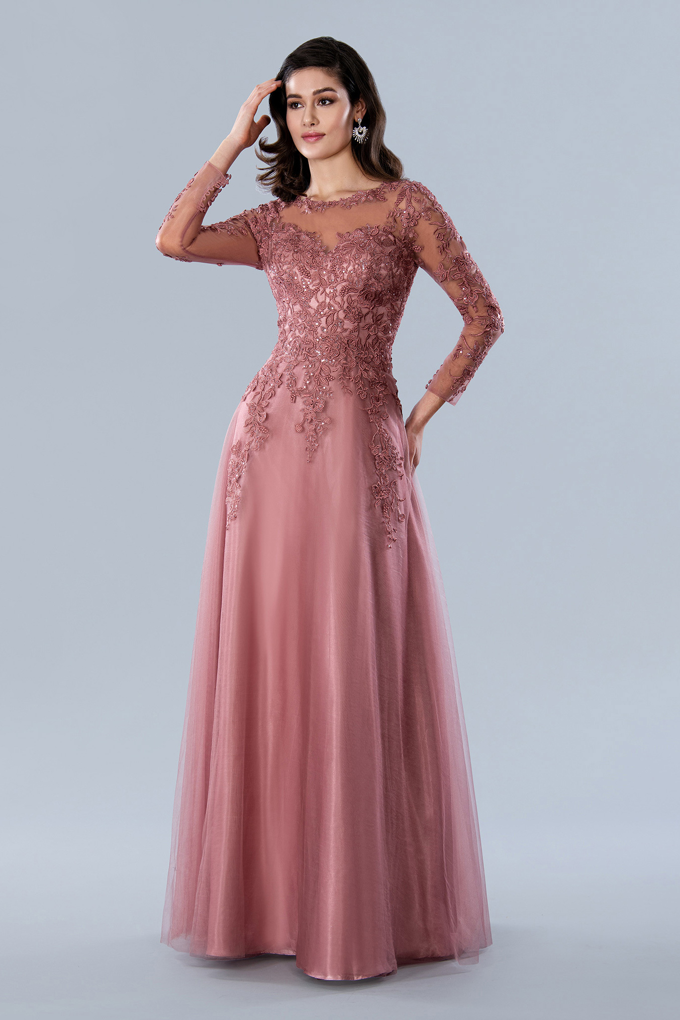 blush rose lace long sleeve mother of the bride #23354