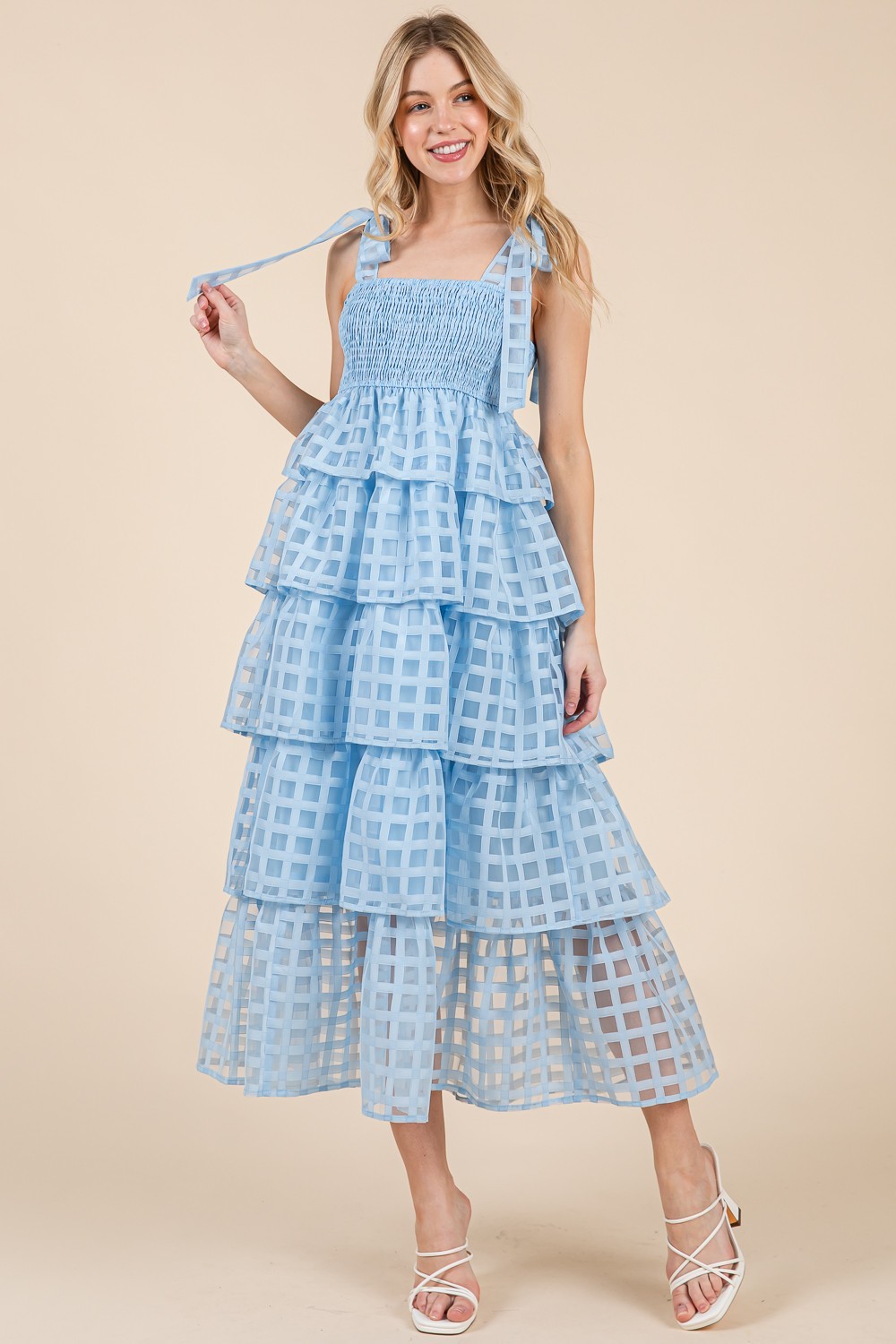 Checker Organza Layer Tiered Midi Sundress (MD51556)