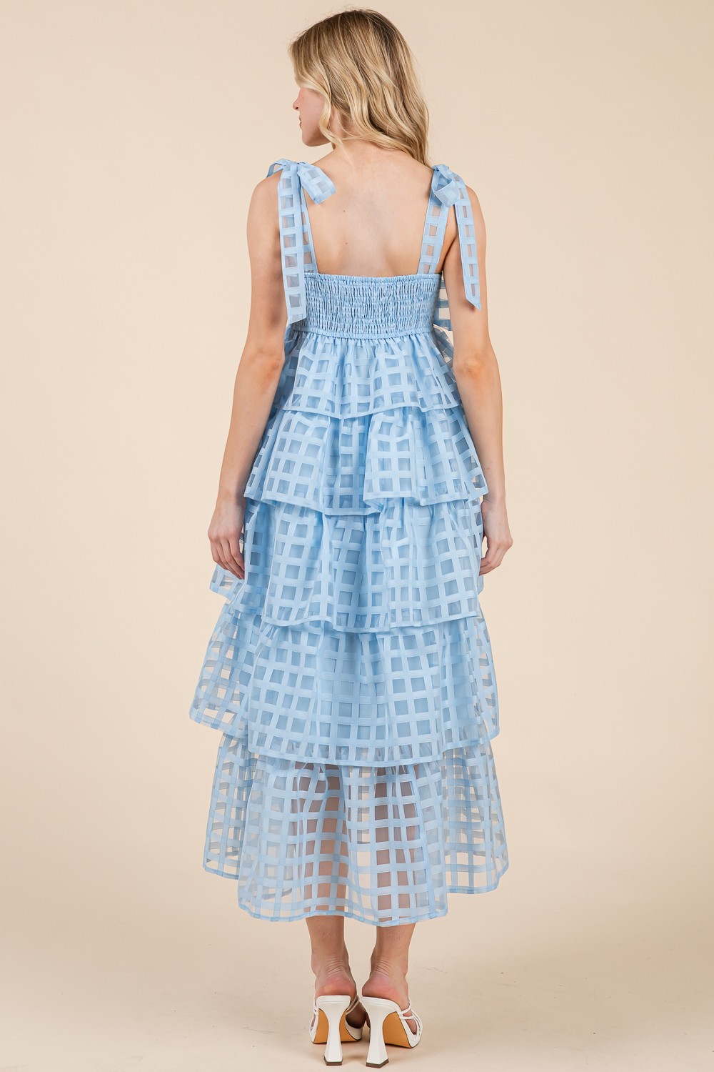Checker Organza Layer Tiered Midi Sundress (MD51556)