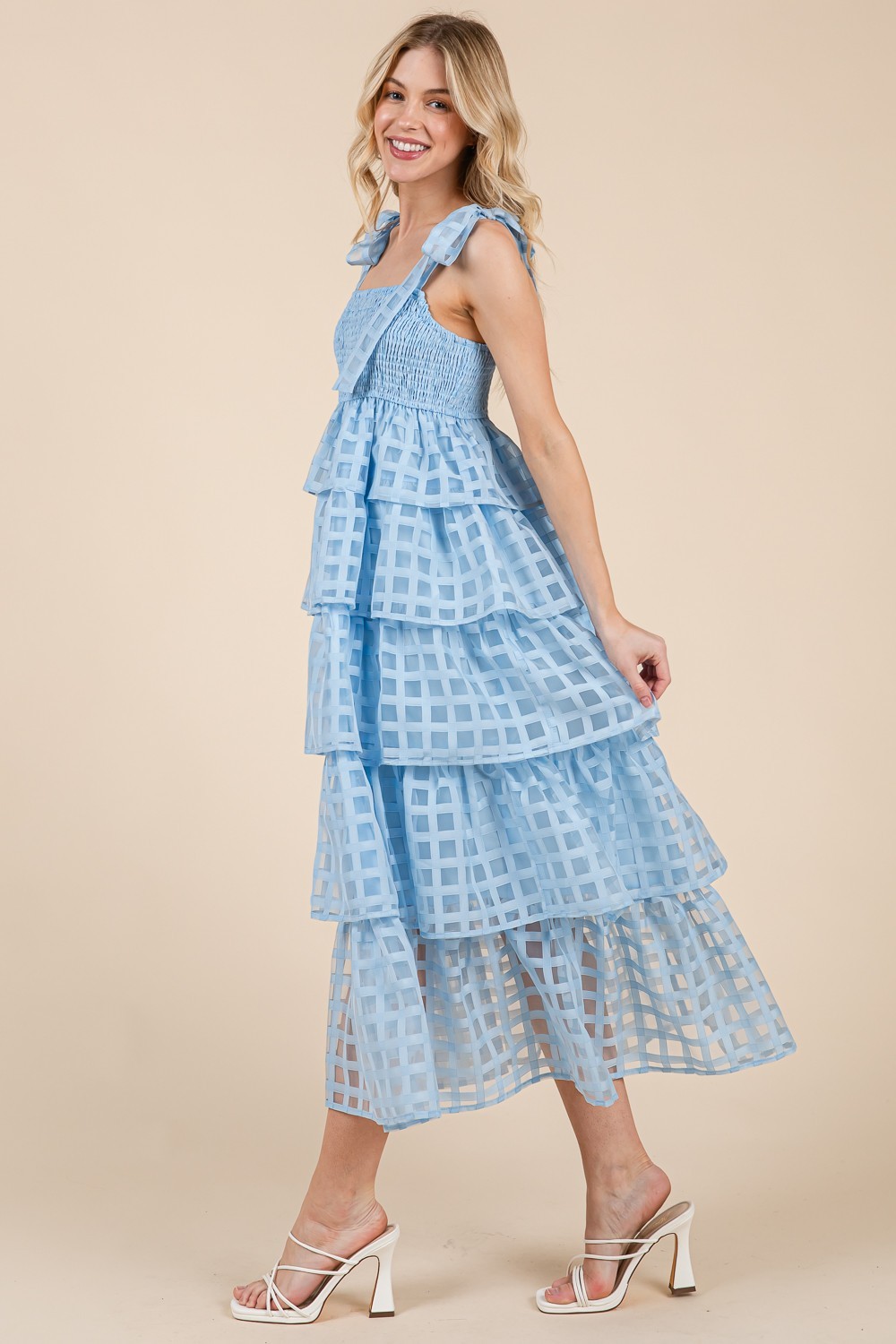 Checker Organza Layer Tiered Midi Sundress (MD51556)