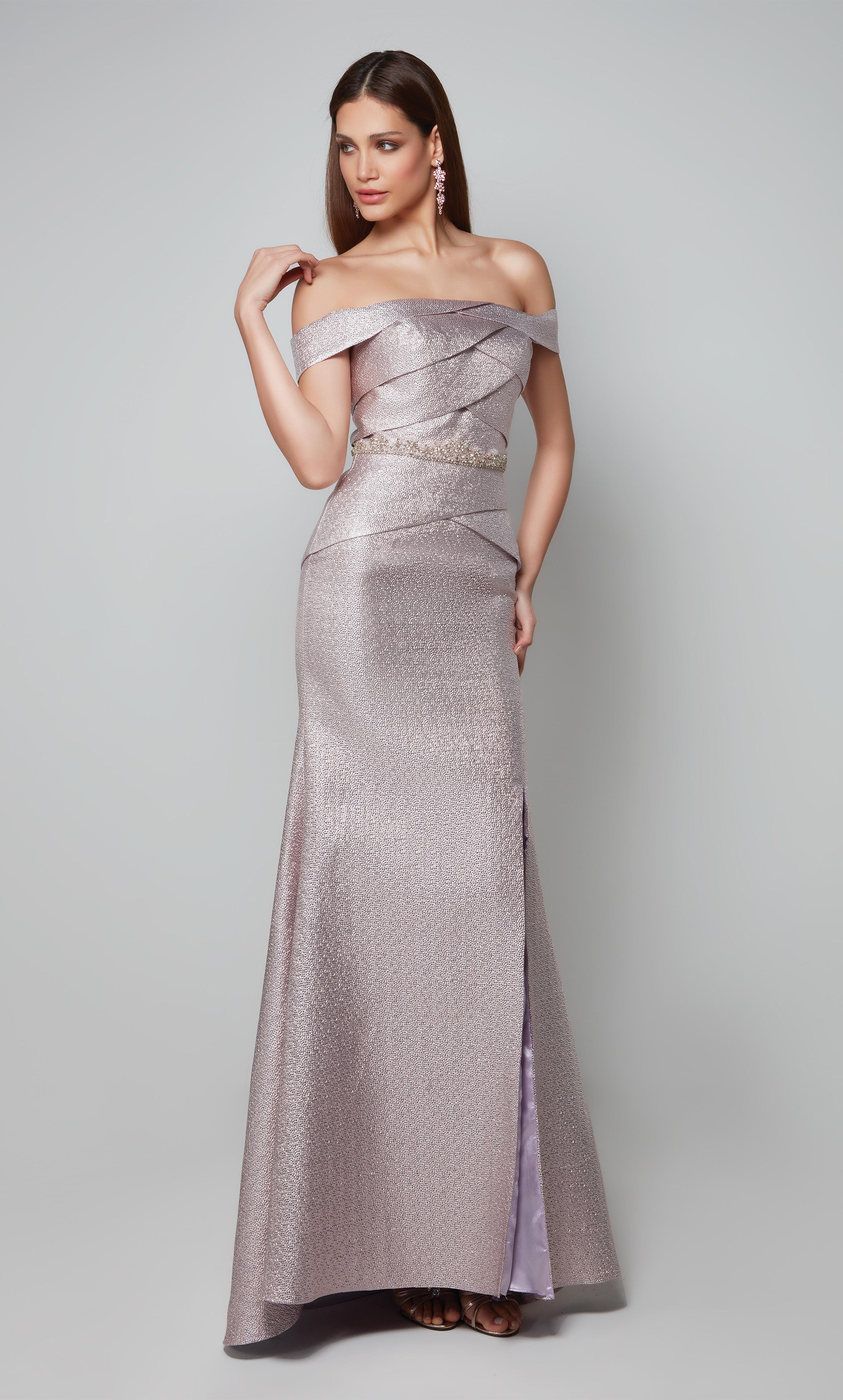  Fit N Flare Off The Shoulder Side Slit Beaded Waist Mother Of The Bride Dress #27562