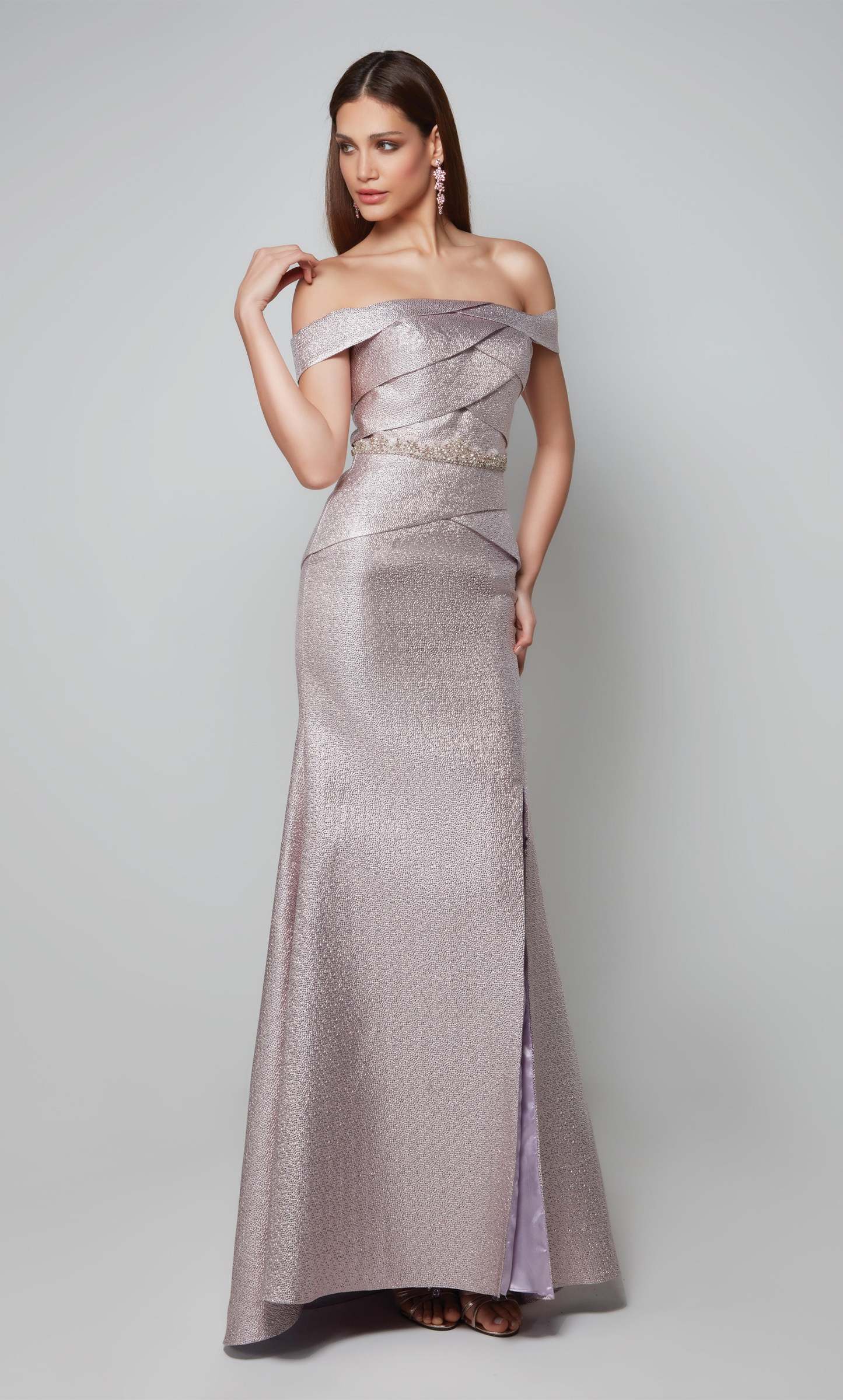 Fit N Flare Off The Shoulder Side Slit Beaded Waist Mother Of The Bride Dress #27562