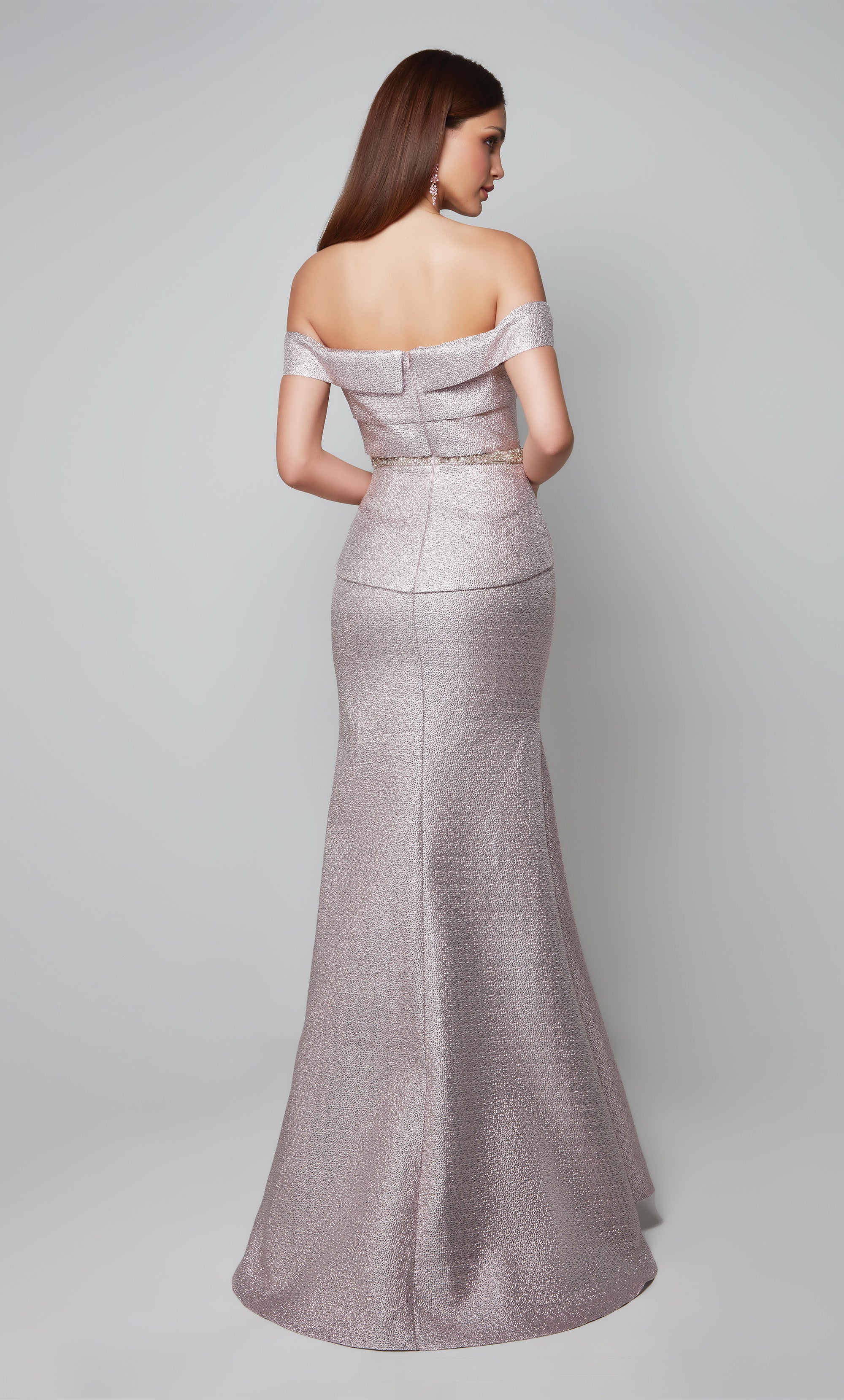  Fit N Flare Off The Shoulder Side Slit Beaded Waist Mother Of The Bride Dress #27562