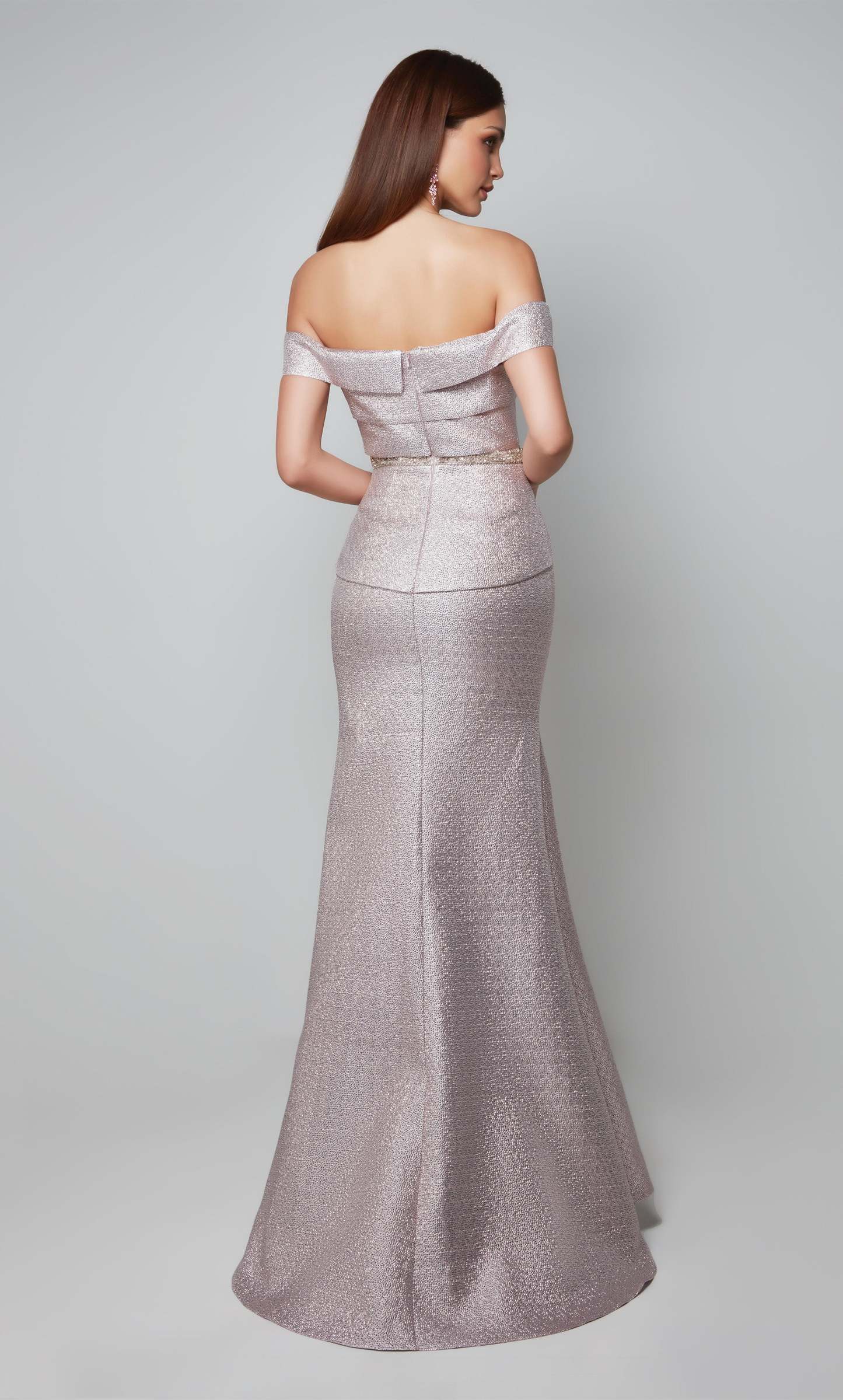 Fit N Flare Off The Shoulder Side Slit Beaded Waist Mother Of The Bride Dress #27562