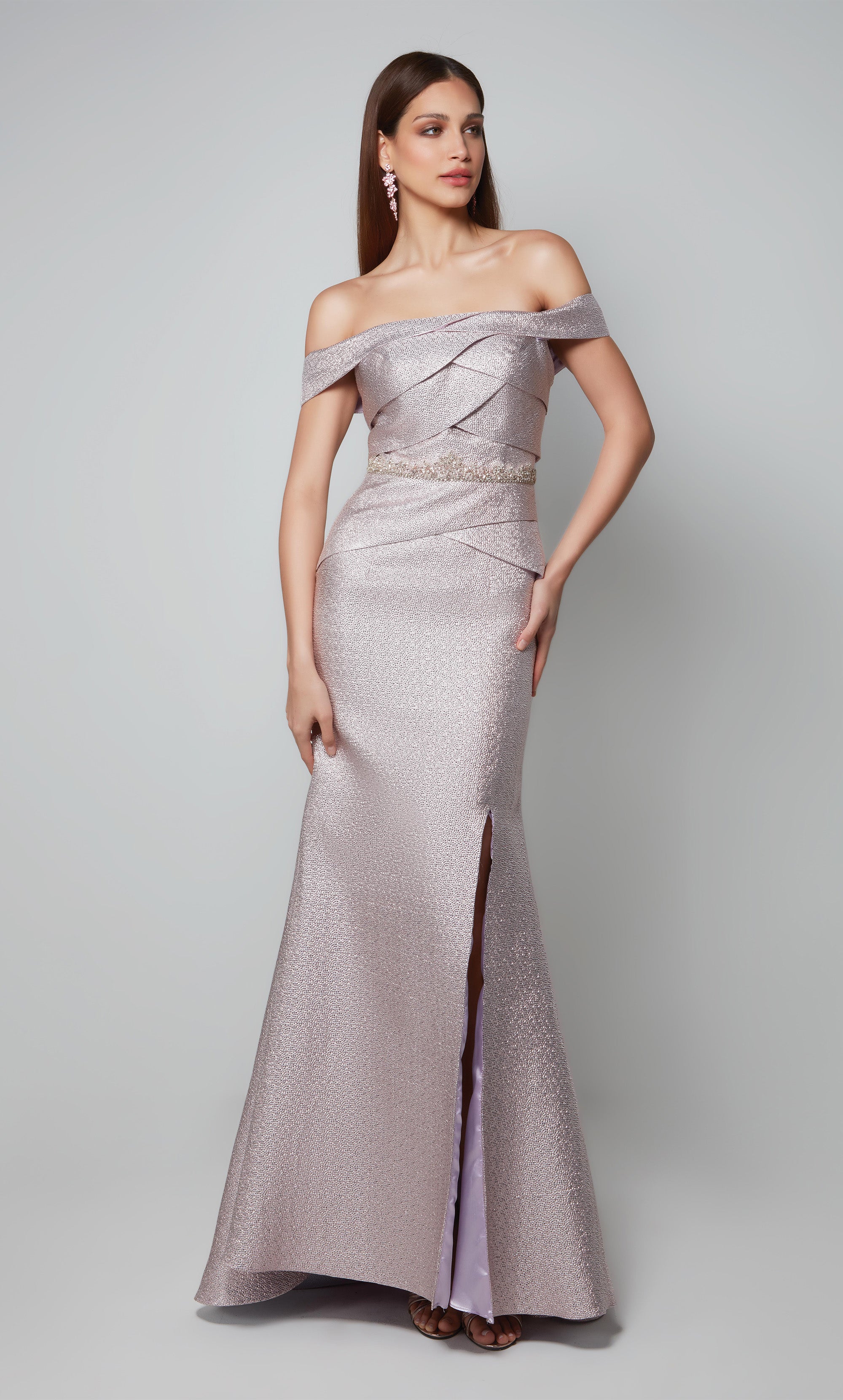  Fit N Flare Off The Shoulder Side Slit Beaded Waist Mother Of The Bride Dress #27562