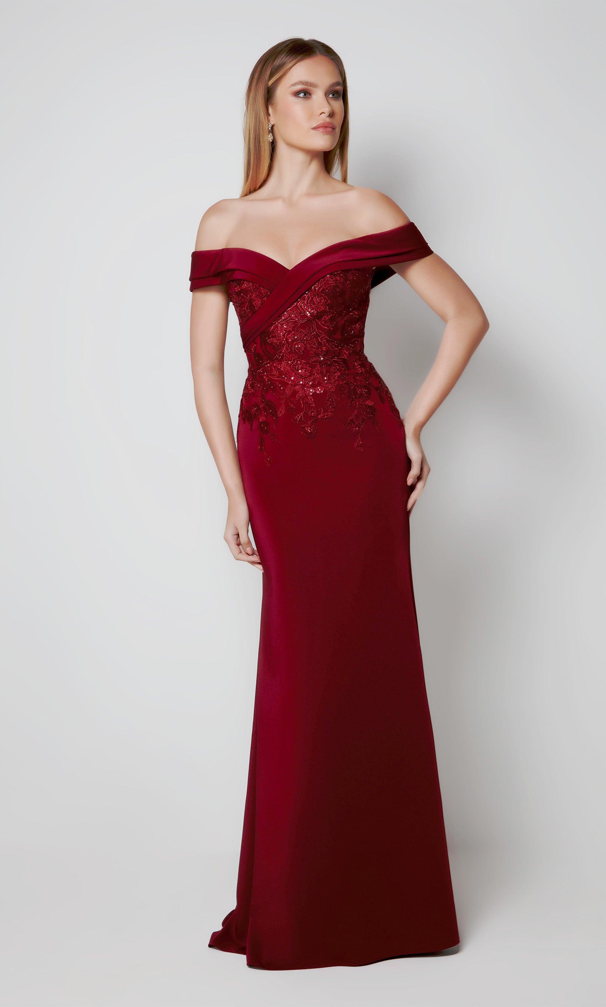 Fit N Flare Off The Shoulder Stretch Crepe Mother Of The Bride Dress
