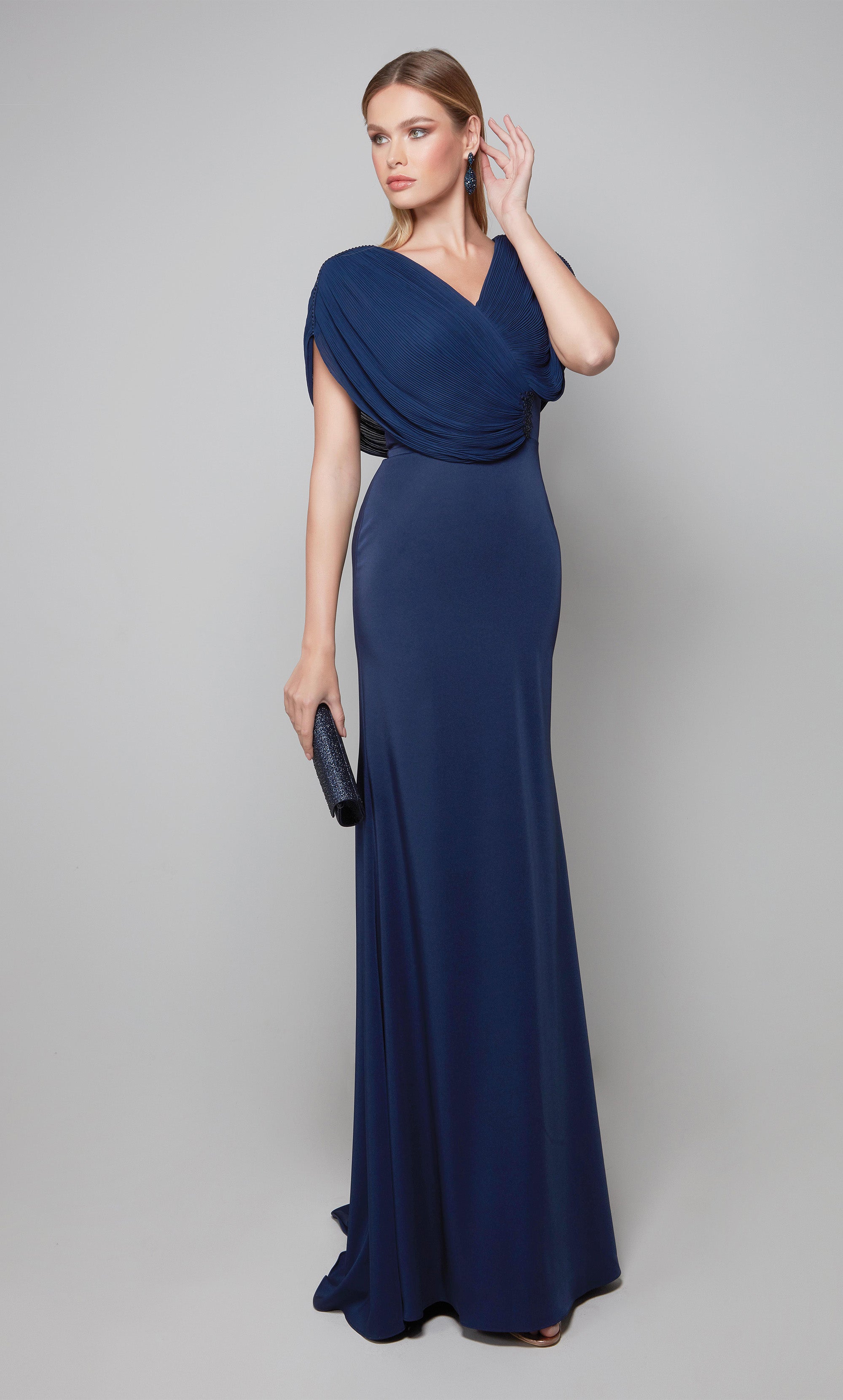 Fit N Flare V-neck Stretch Crepe Beaded Mother Of The Bride Dress #27591