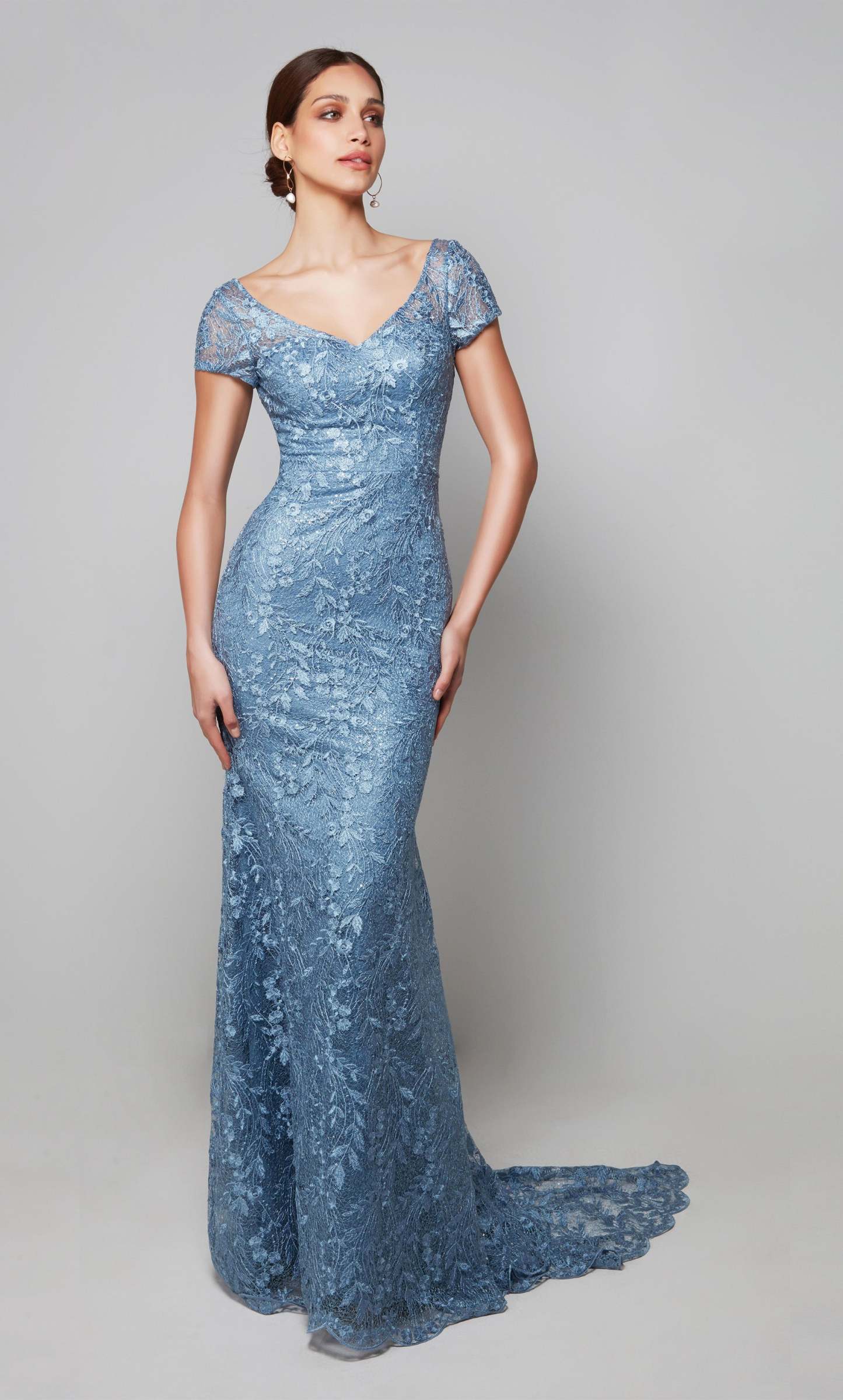 Fit N Flare V-neck Scalloped Lace Hem Train Mother Of The Bride Dress #27602