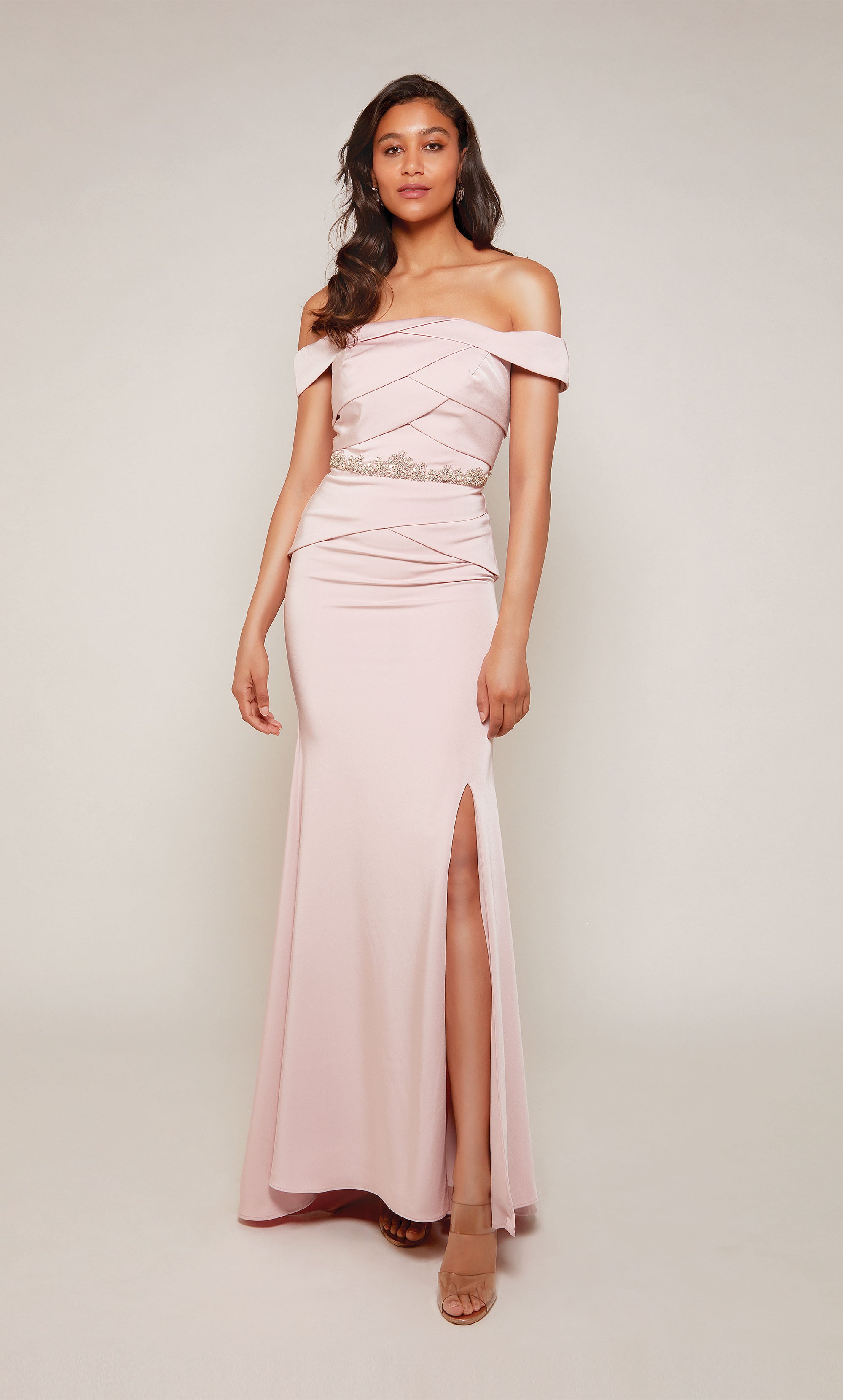 Off The Shoulder Stretch Crepe Side Slit Train Mother Of The Bride Dress #27610