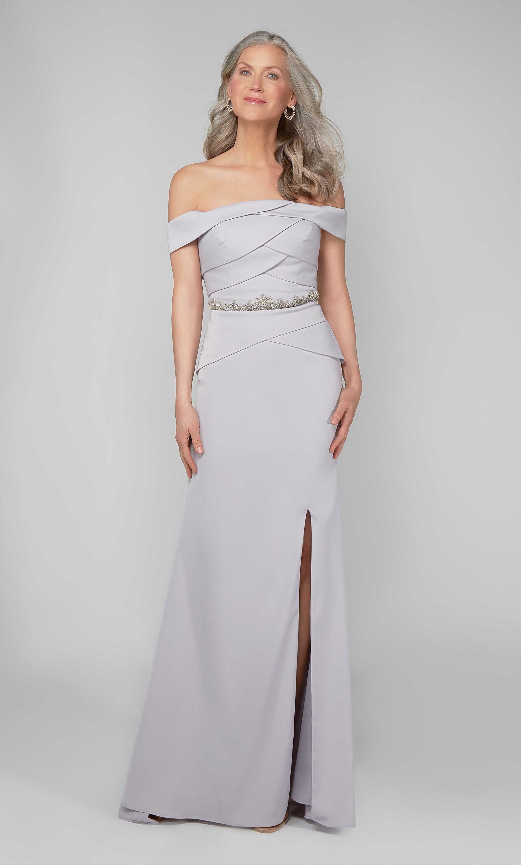 Off The Shoulder Stretch Crepe Side Slit Train Mother Of The Bride Dress #27610