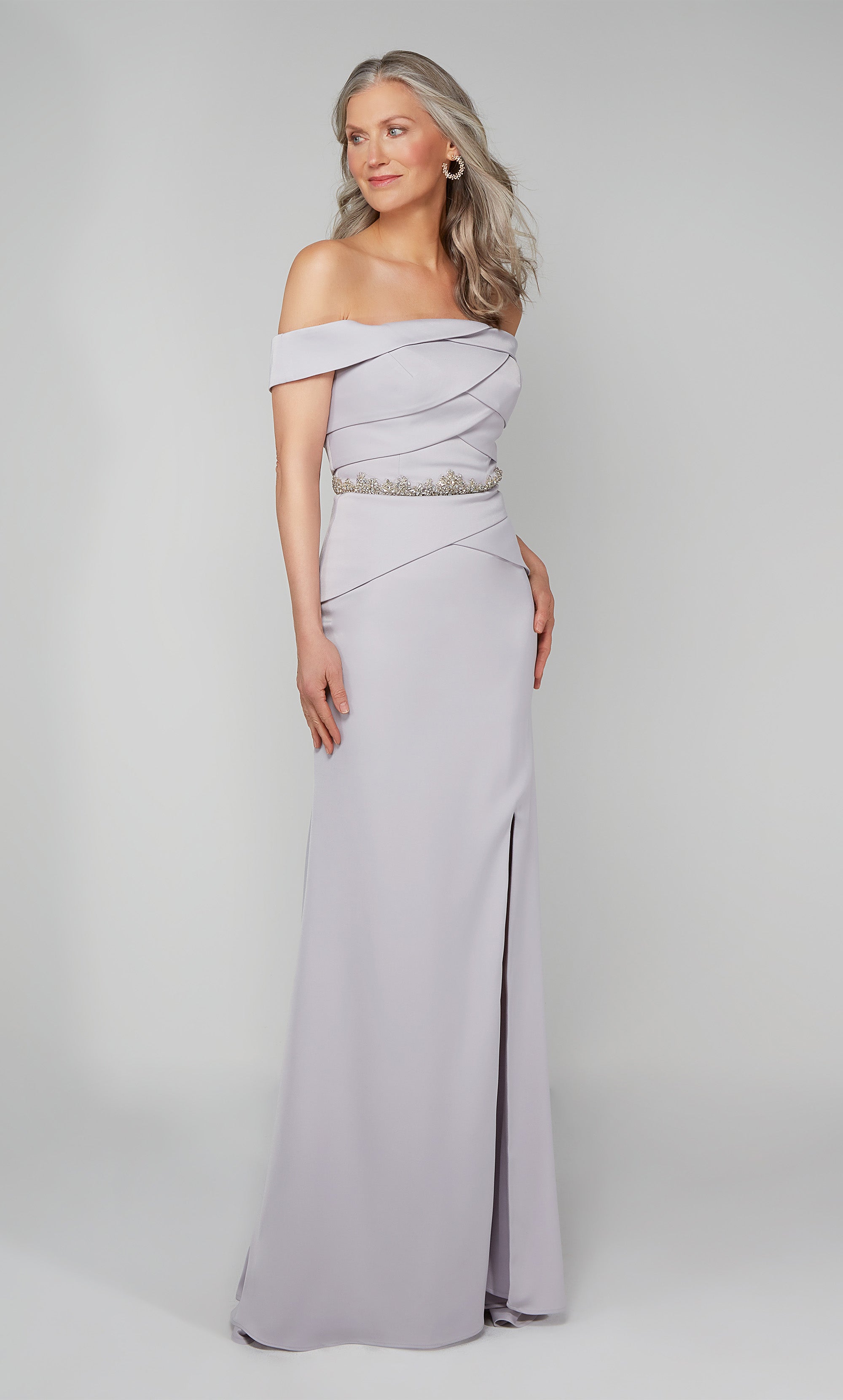 Off The Shoulder Stretch Crepe Side Slit Train Mother Of The Bride Dress #27610