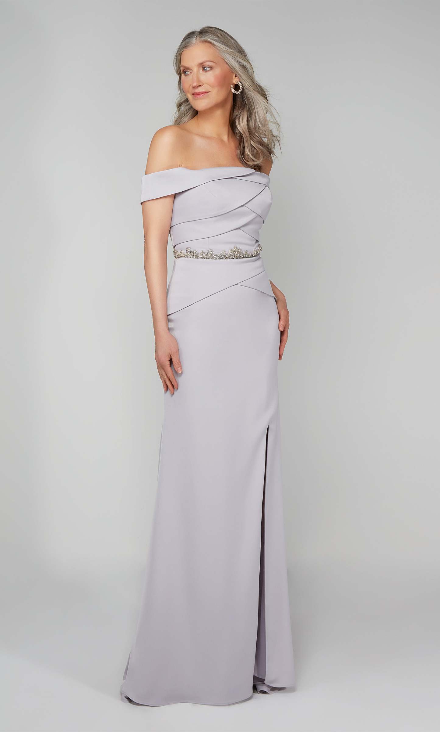 Off The Shoulder Stretch Crepe Side Slit Train Mother Of The Bride Dress #27610