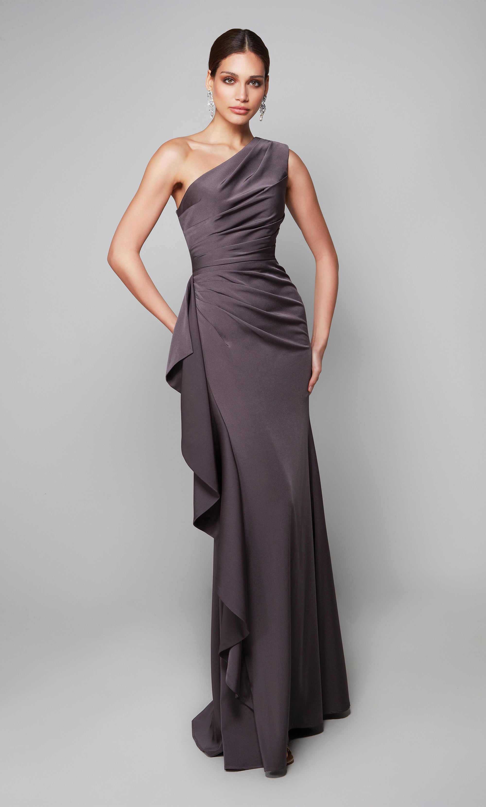  One Shoulder Stretch Crepe Draped Ruffle Mother Of The Bride Dress #27624