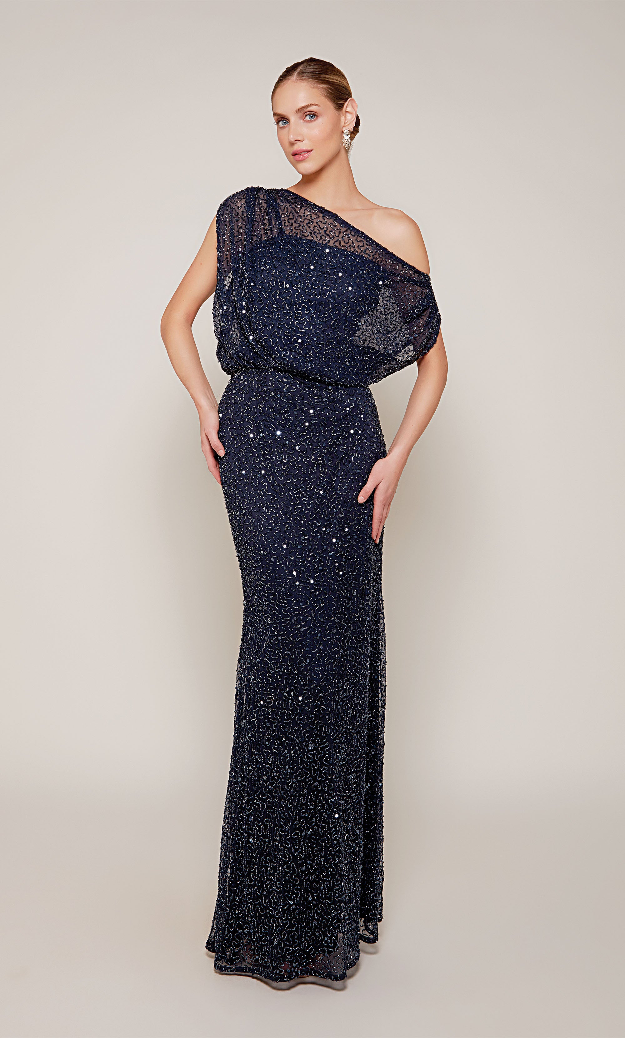 One Shoulder Beaded Closed Back Straight Mother Of The Bride Dress #27676