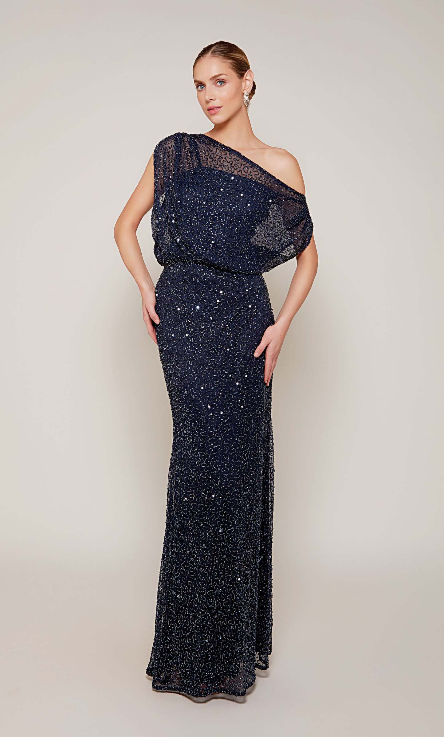 One Shoulder Beaded Closed Back Straight Mother Of The Bride Dress
