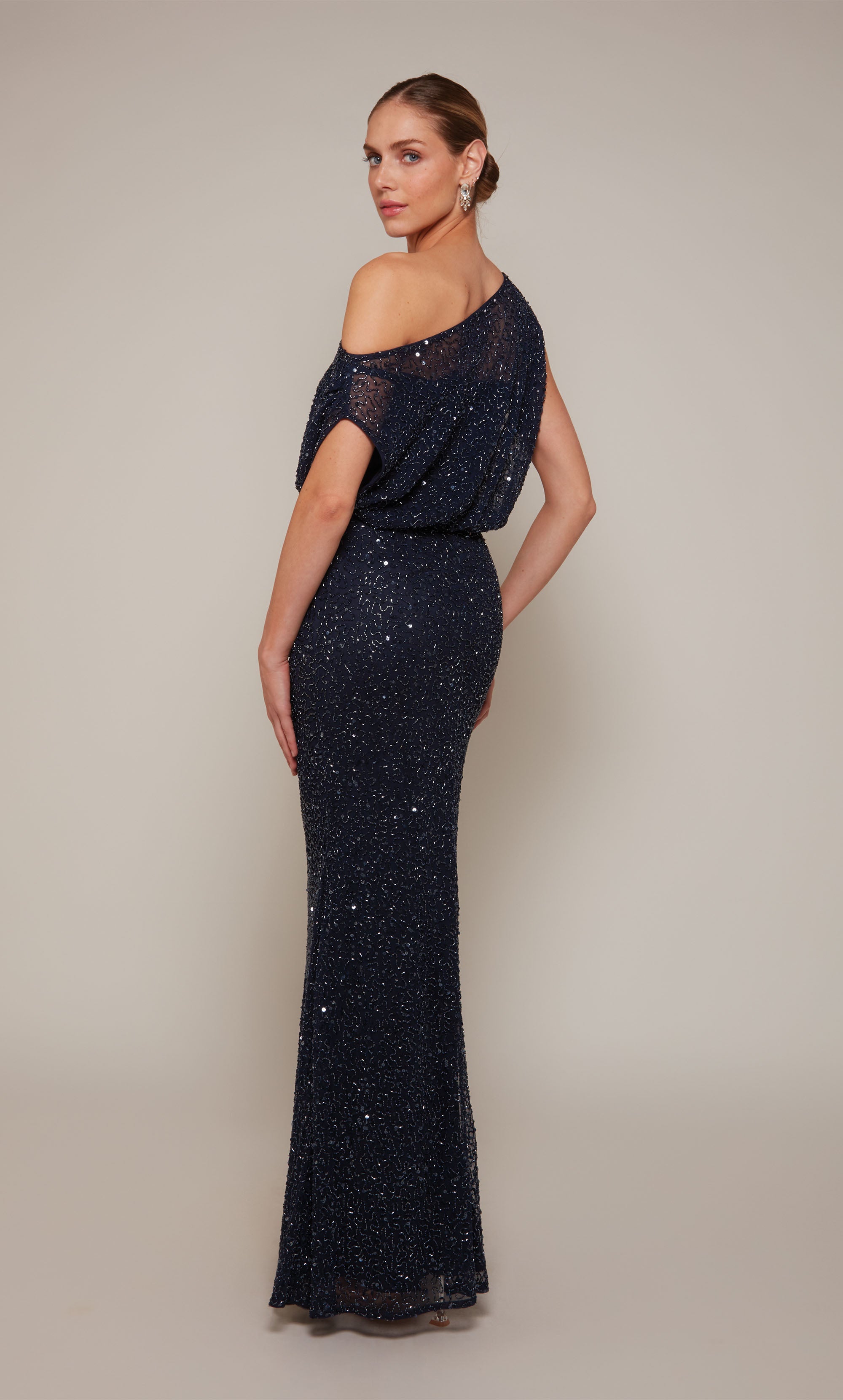 One Shoulder Beaded Closed Back Straight Mother Of The Bride Dress #27676
