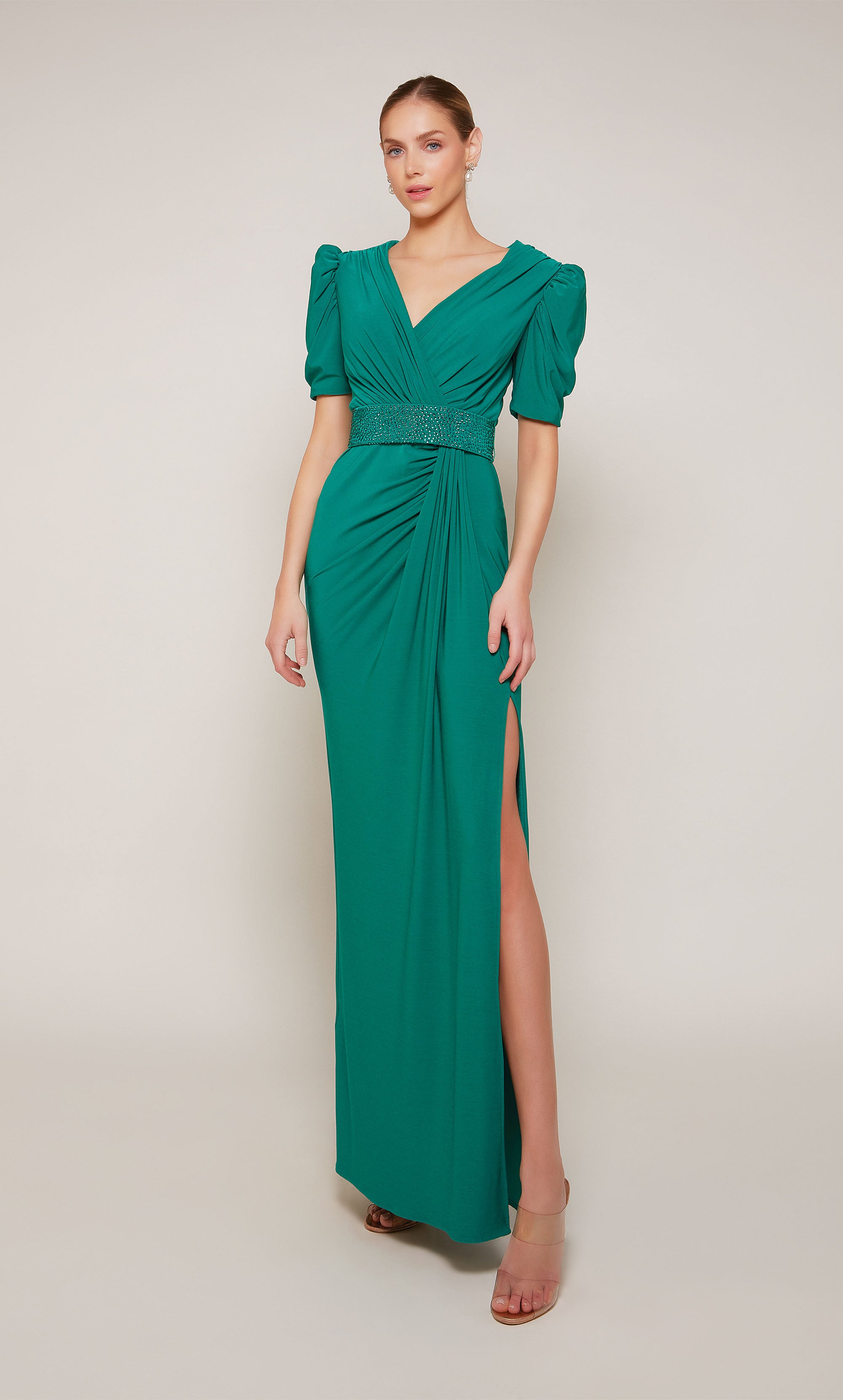 V-neck Jersey Puff Sleeve Slit Mother Of The Bride Dress #27690