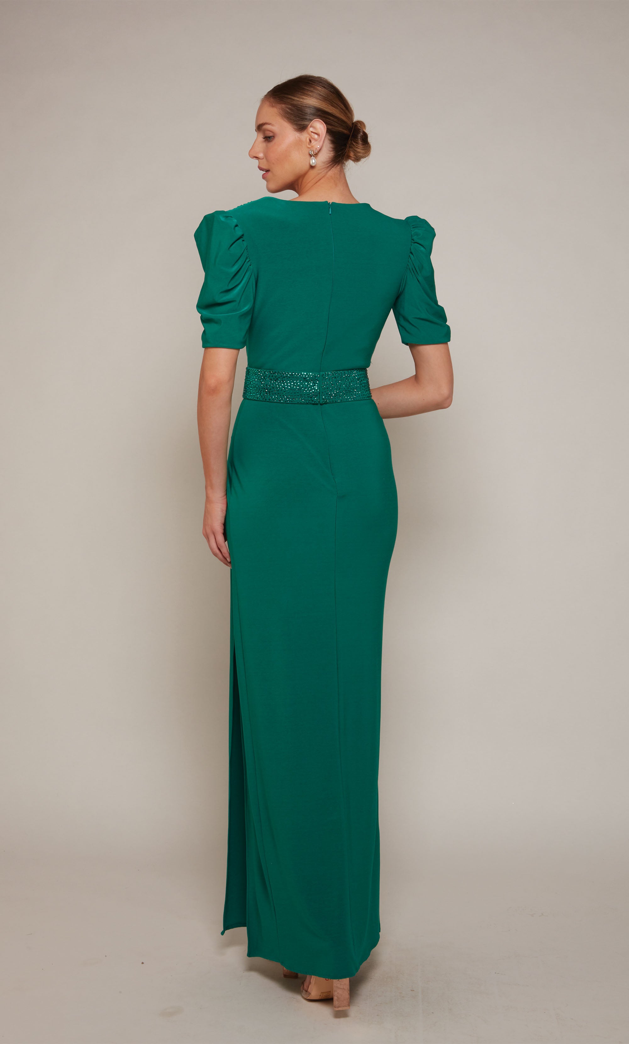 V-neck Jersey Puff Sleeve Slit Mother Of The Bride Dress #27690