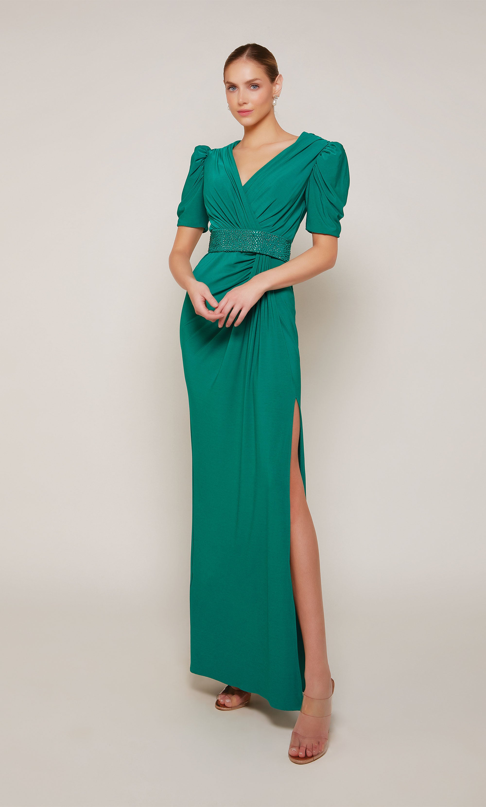 V-neck Jersey Puff Sleeve Slit Mother Of The Bride Dress #27690