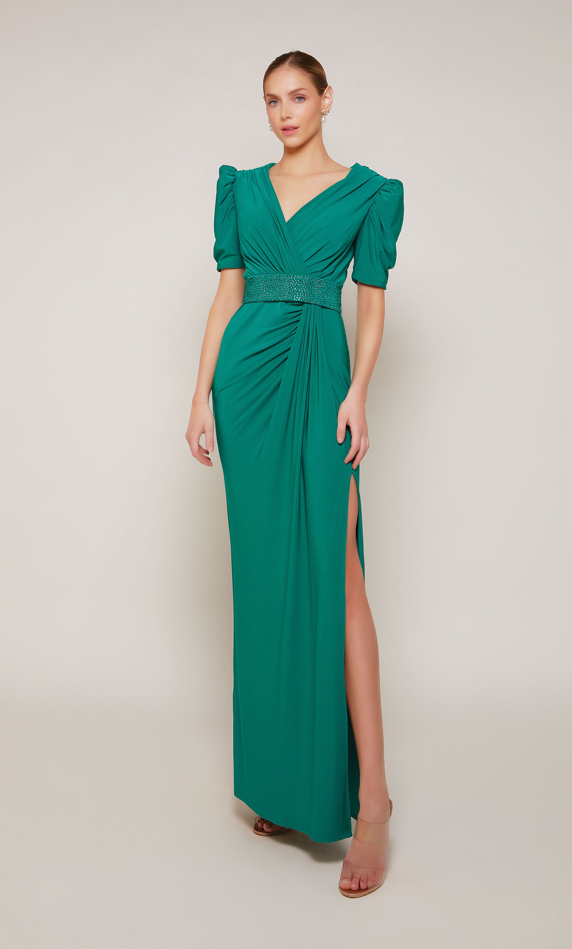 V-neck Jersey Puff Sleeve Slit Mother Of The Bride Dress #27690