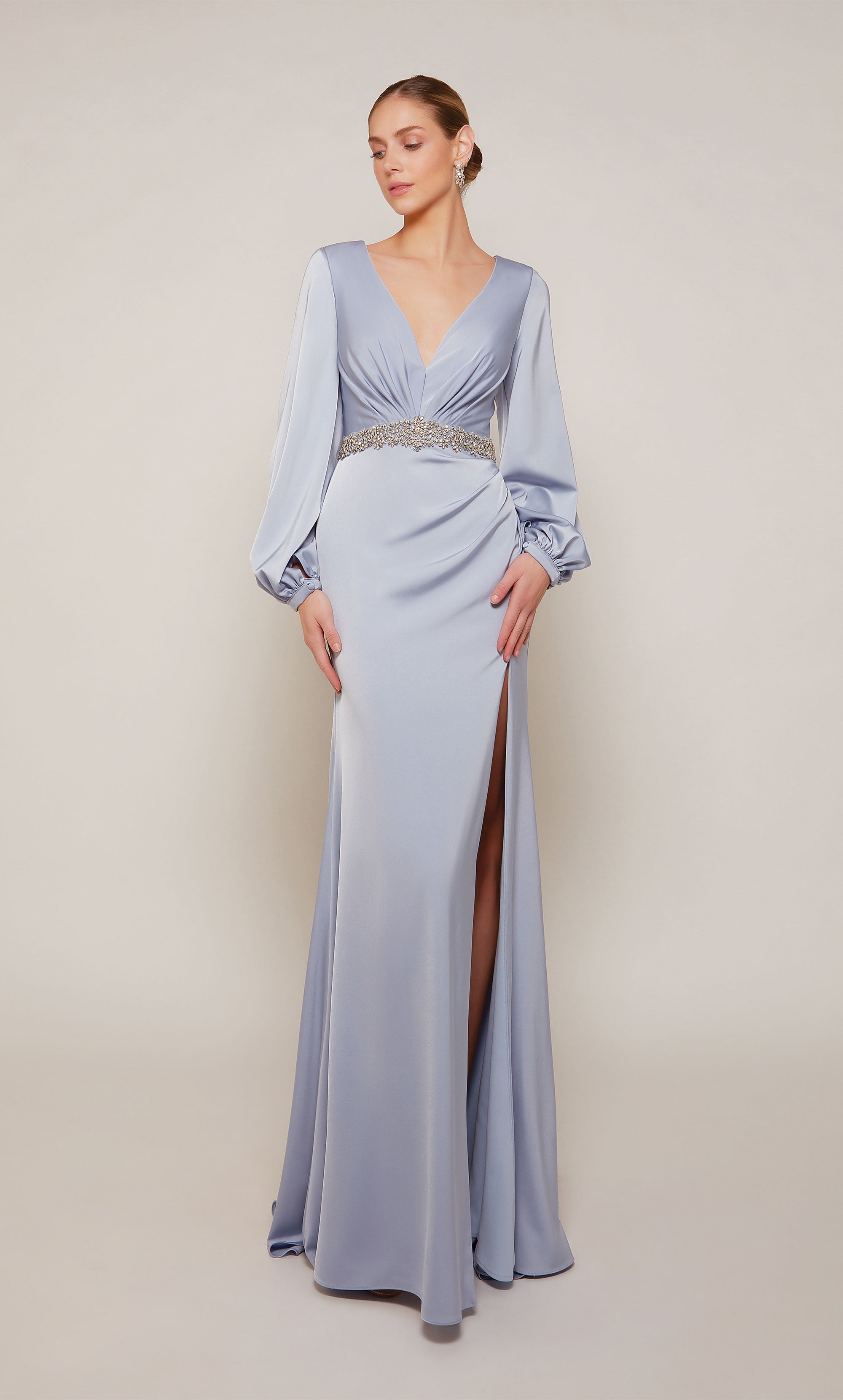 V-neck Satin V Shaped Back Beaded Mother Of The Bride Dress #27696