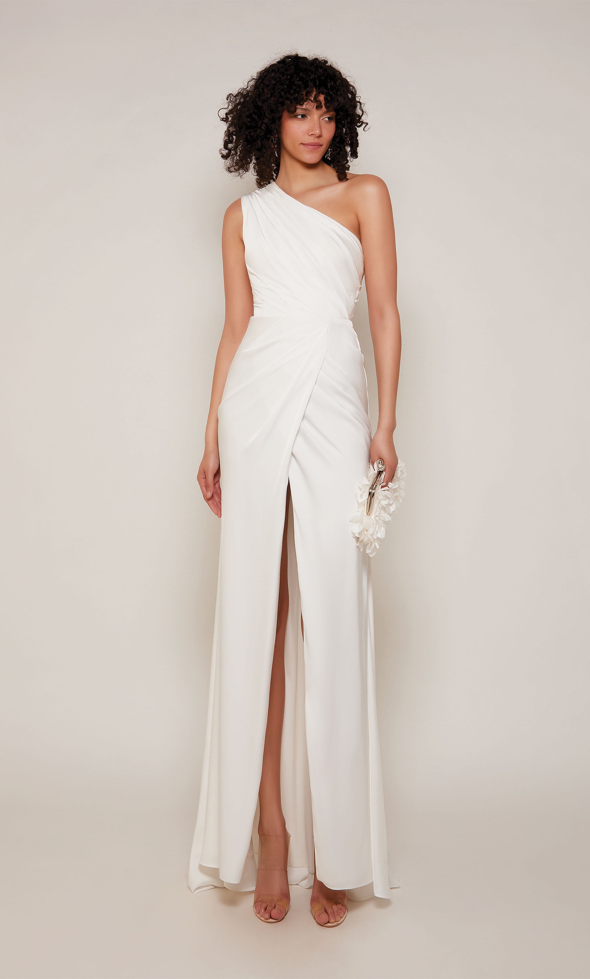One Shoulder Satin Ruched Front Slit Train Formal Gown #27697