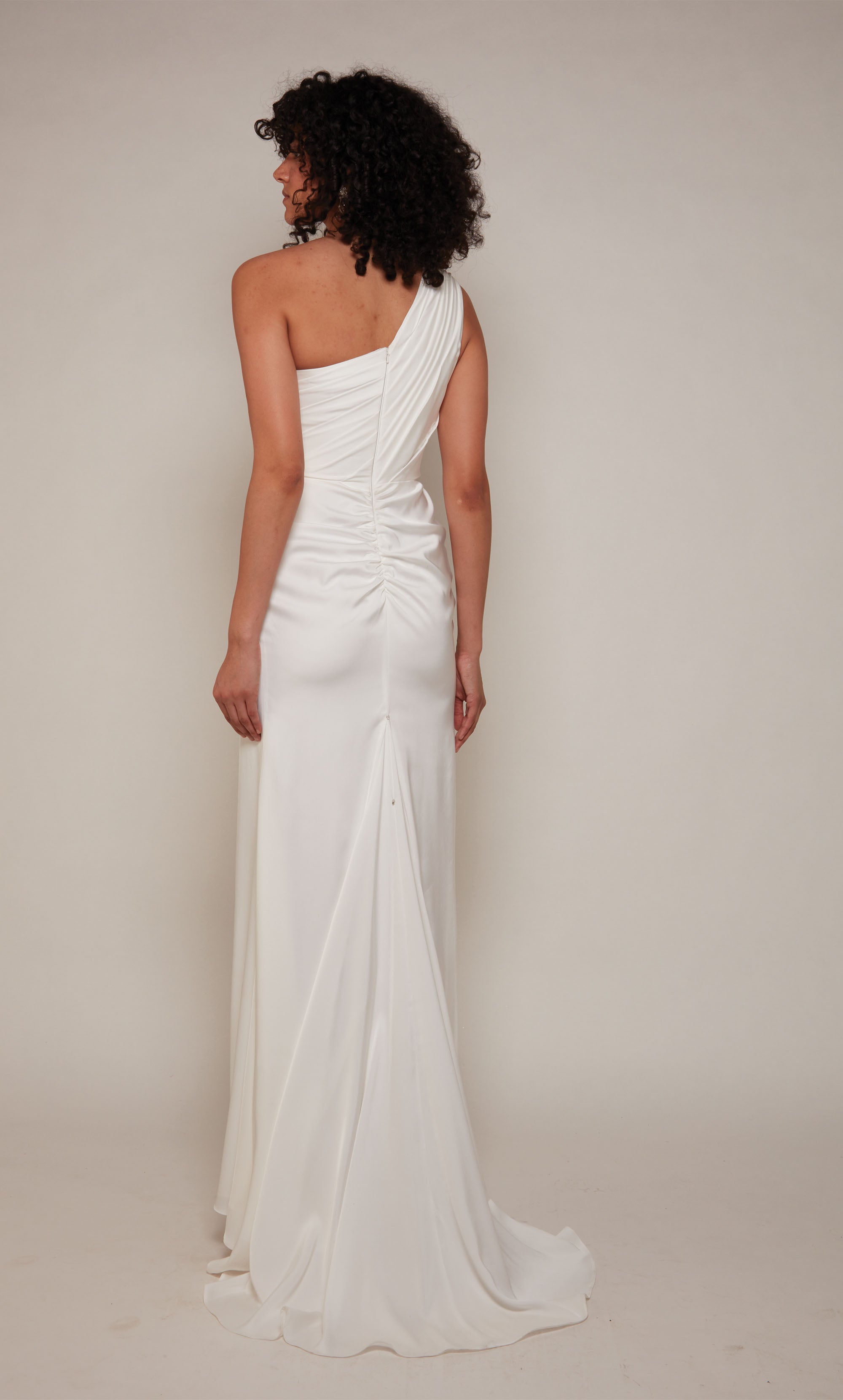 One Shoulder Satin Ruched Front Slit Train Formal Gown #27697