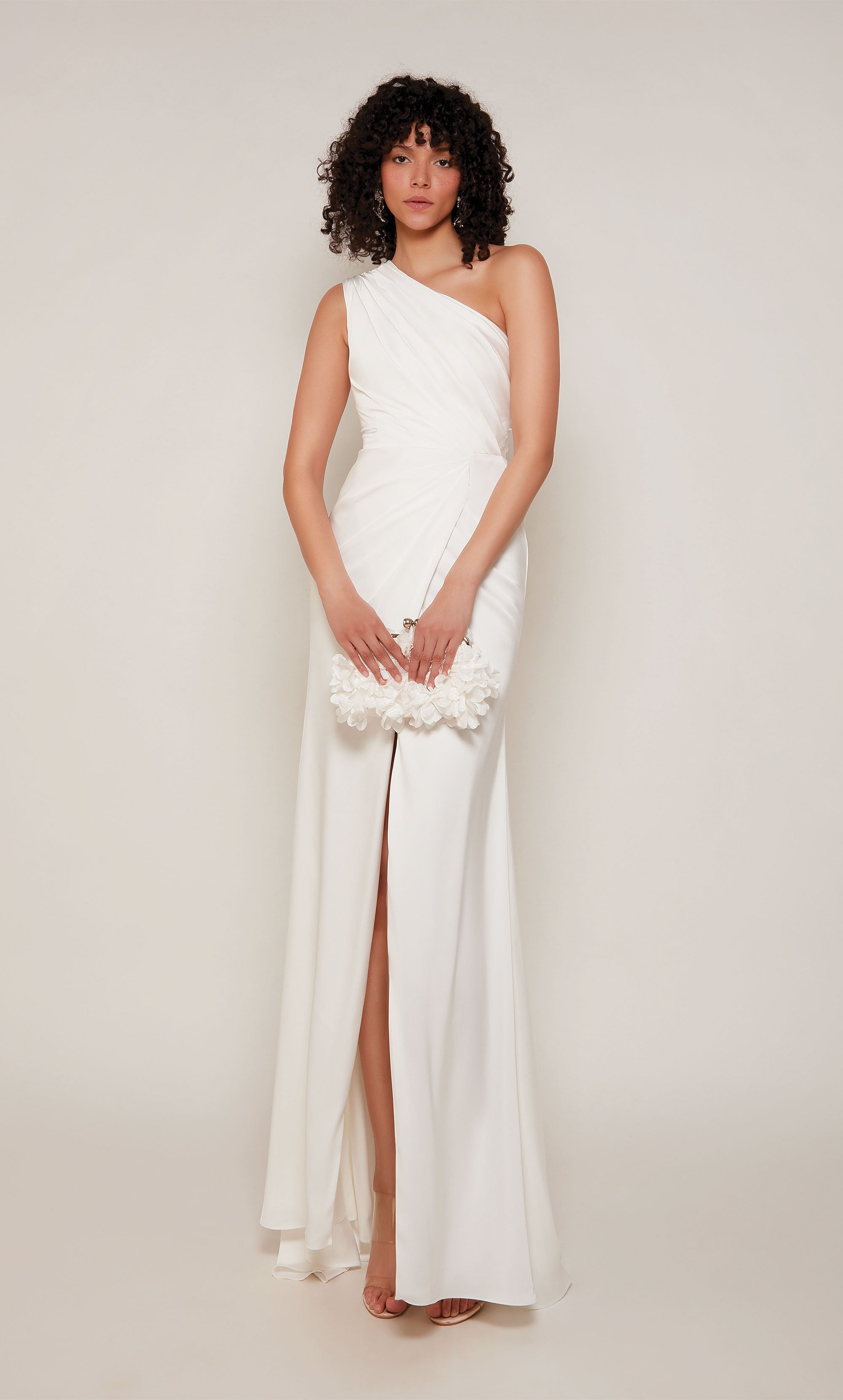 One Shoulder Satin Ruched Front Slit Train Formal Gown #27697