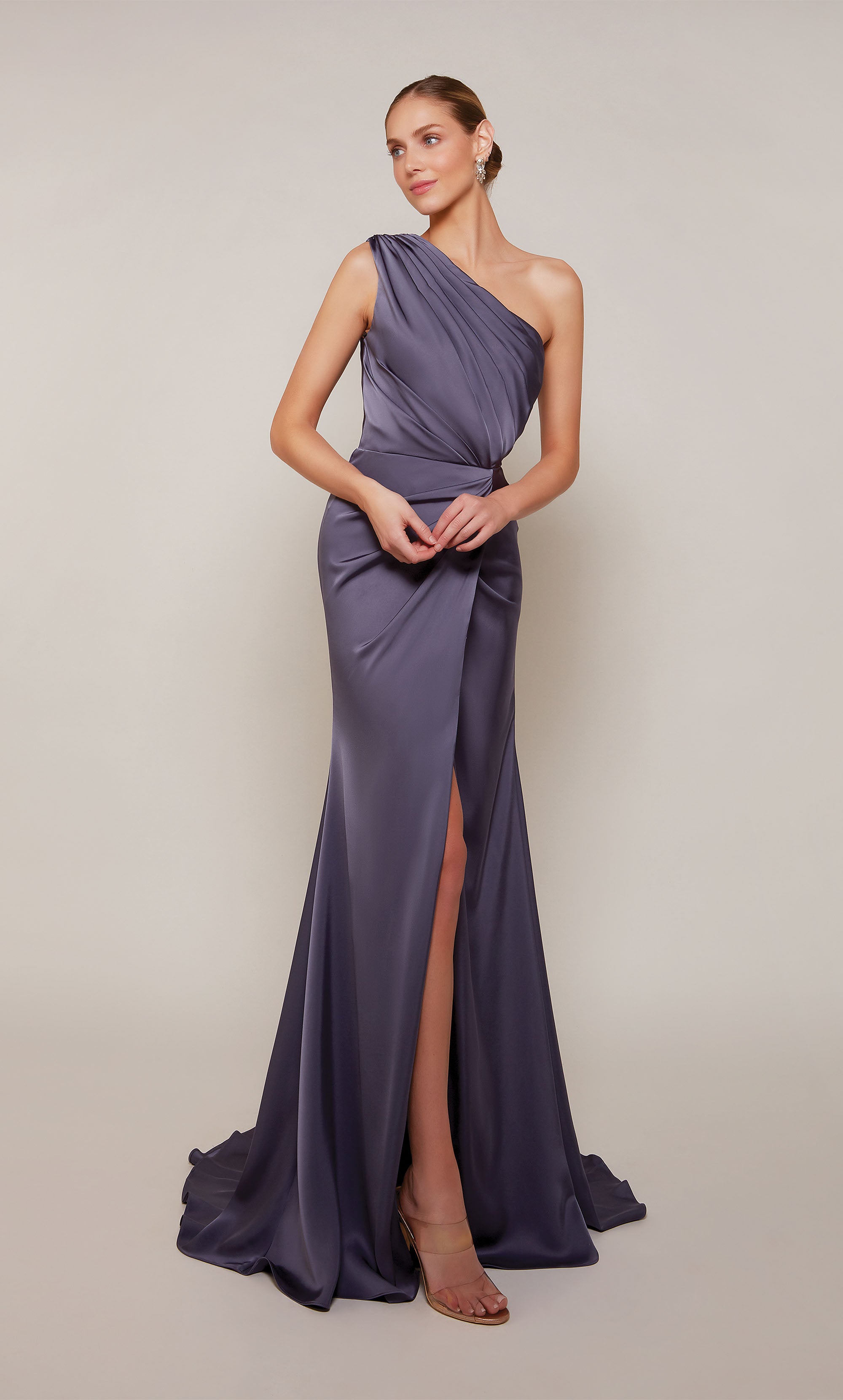 One Shoulder Satin Ruched Front Slit Train Formal Gown #27697