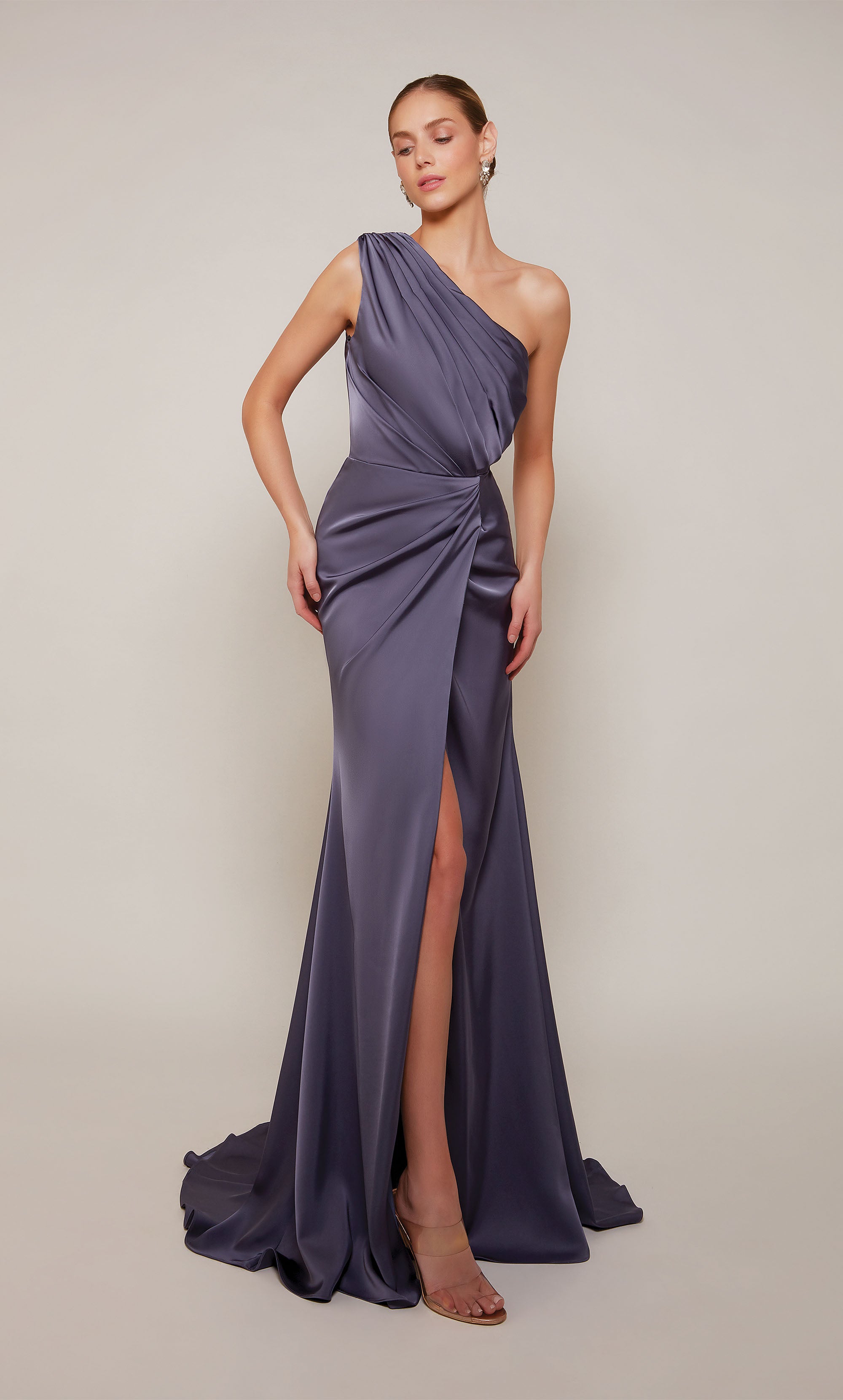 One Shoulder Satin Ruched Front Slit Train Formal Gown #27697