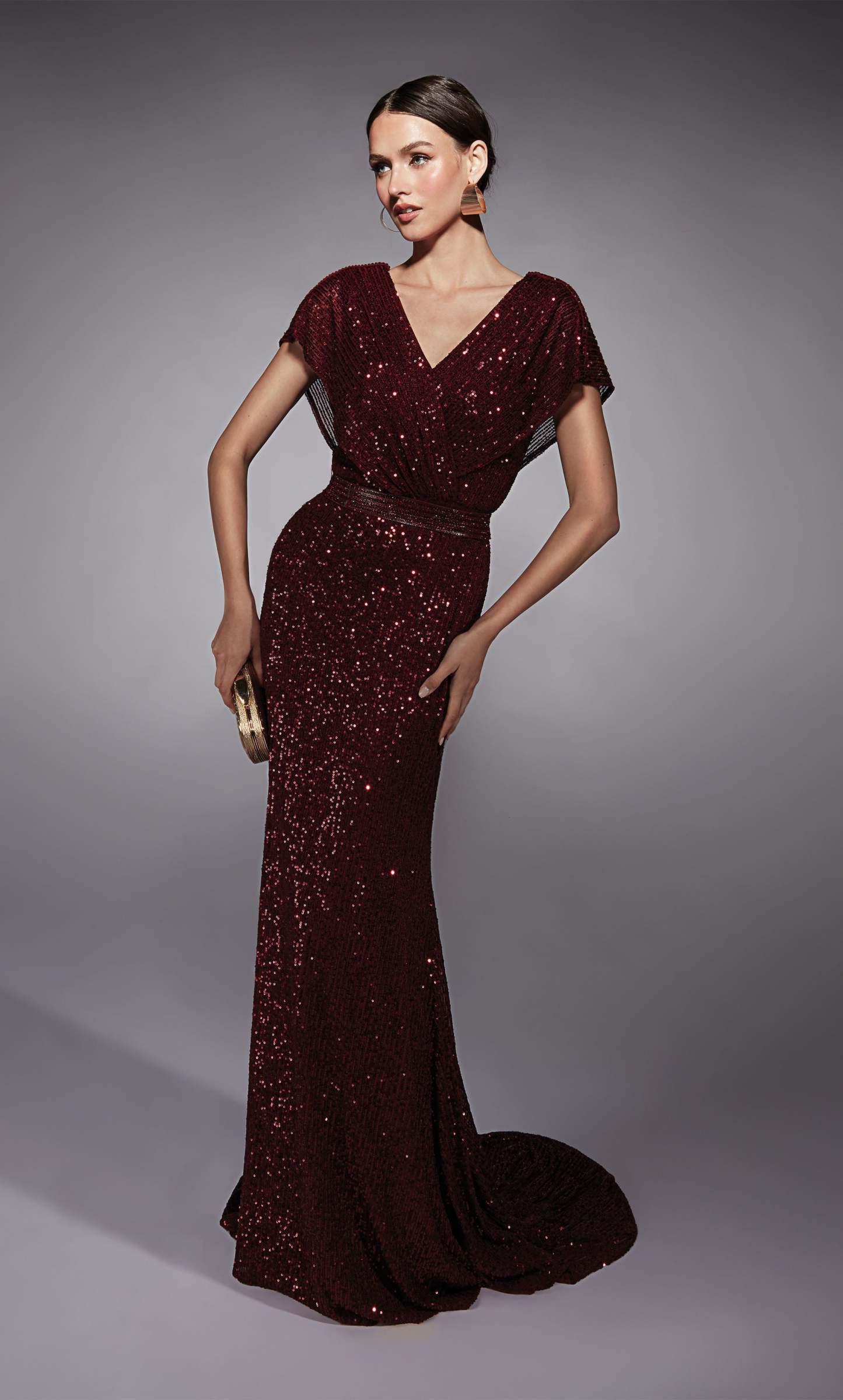 V-neck Linear Sequins Train Straight Mother Of The Bride Dress #27708