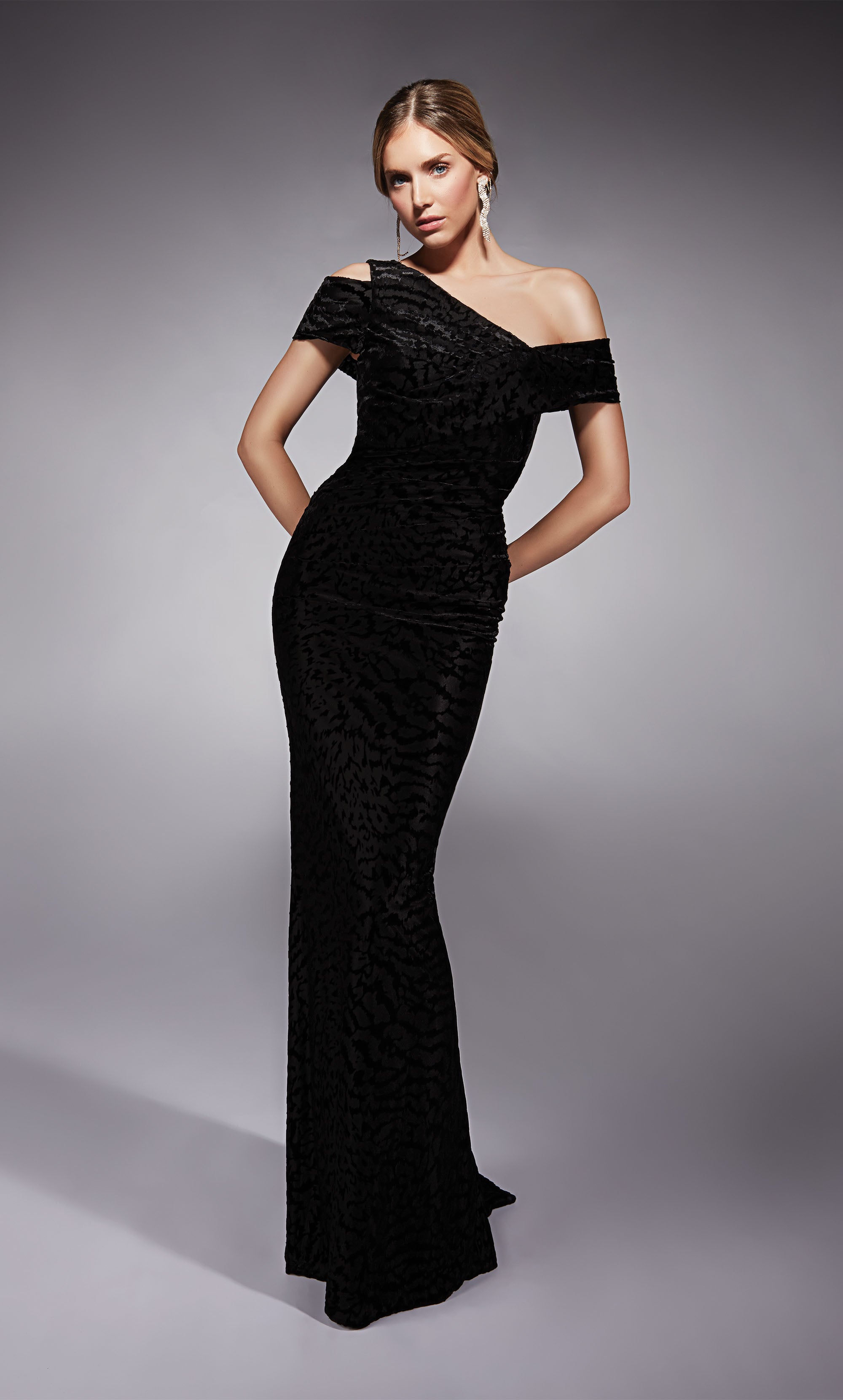 One Shoulder Velvet Straight Closed Back Train Formal Gown #27709