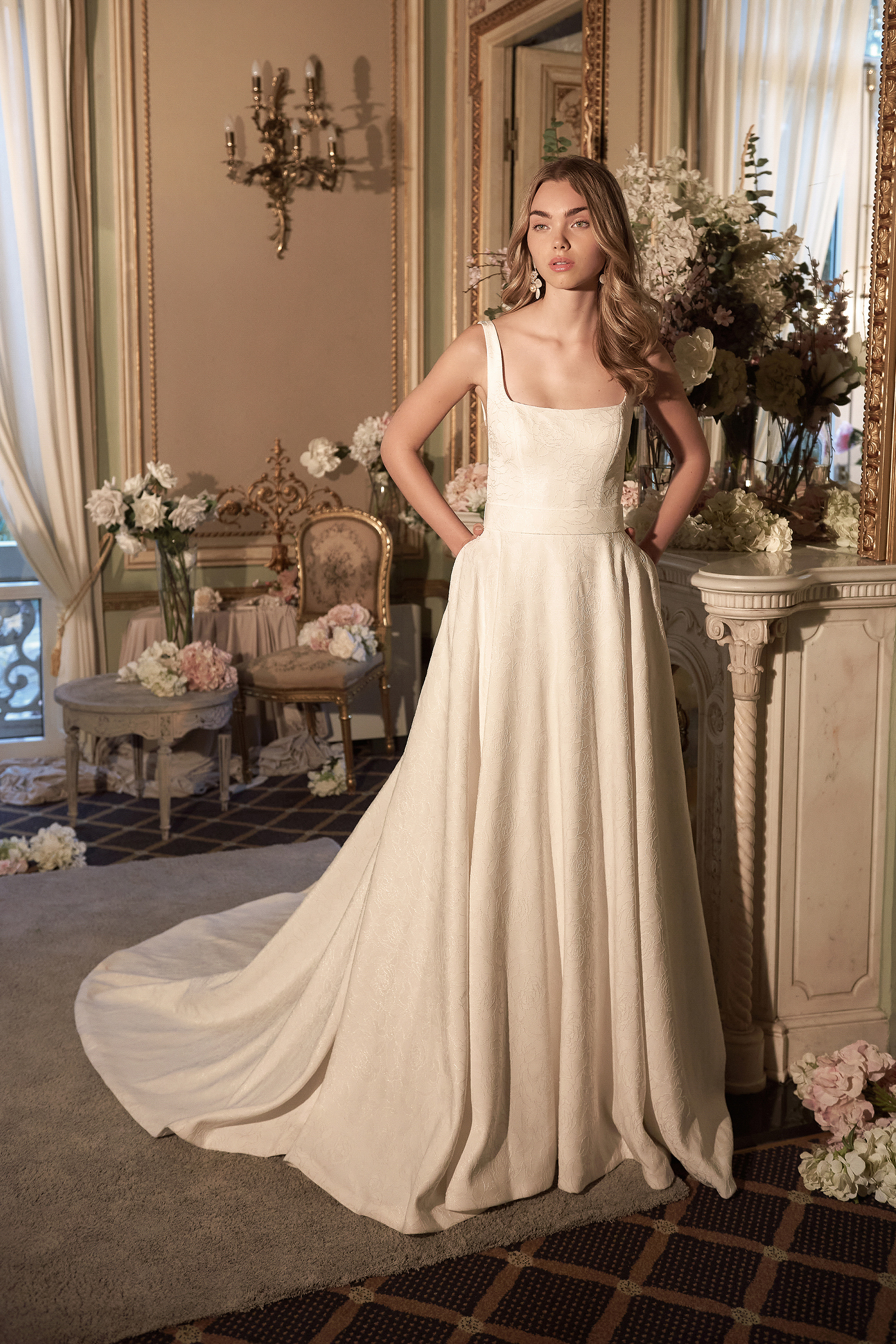 Sincerity Square Neck Floral Brocade Ball Gown with Pockets #44357
