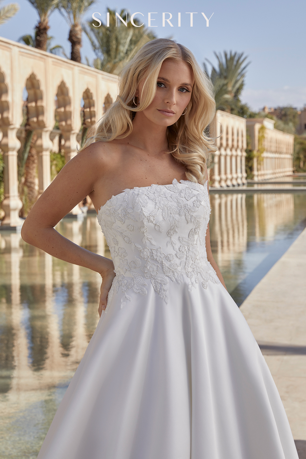 Strapless Mikado Ball Gown with Straight Neckline and 3D Florals #44421