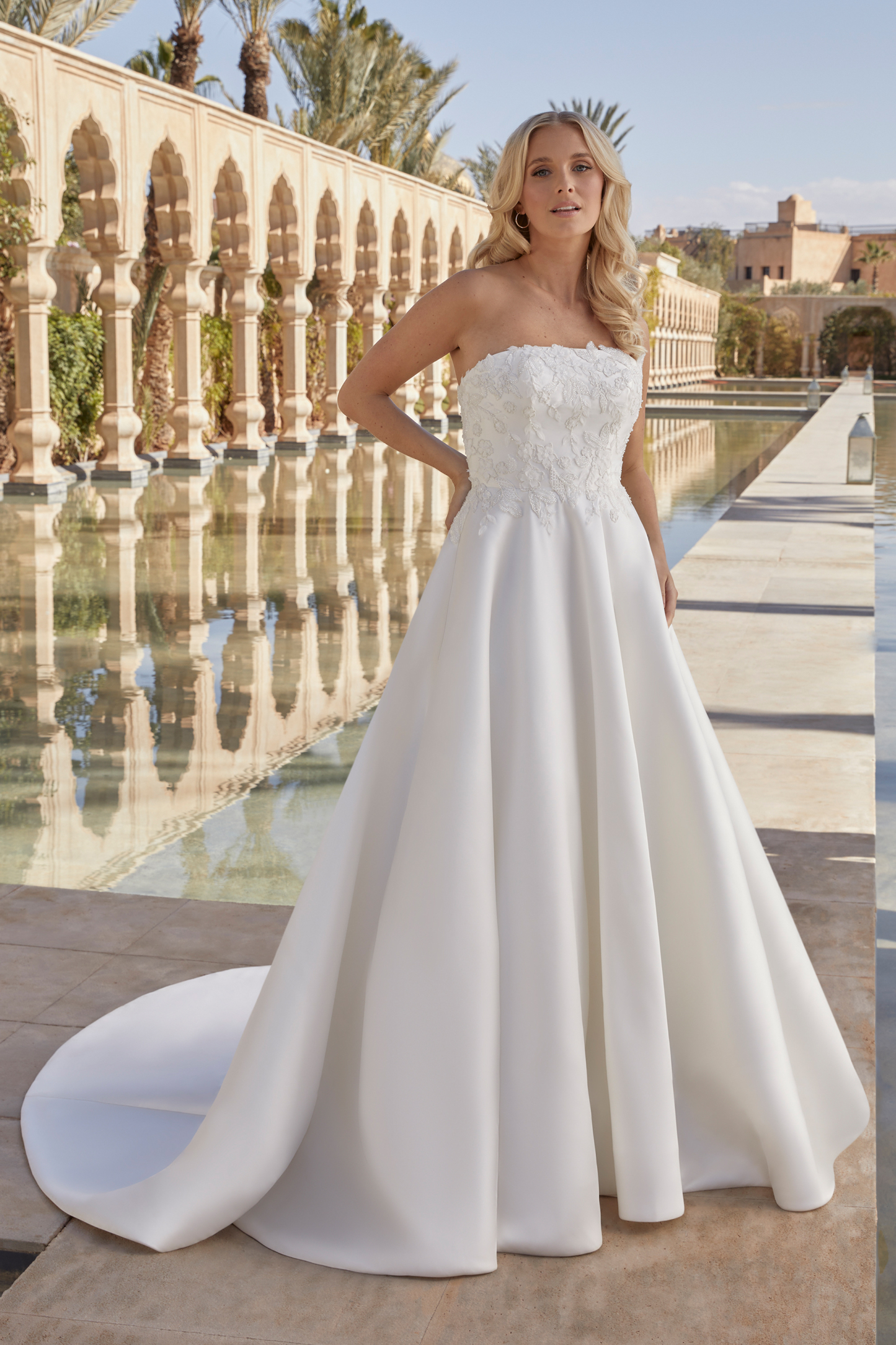 Strapless Mikado Ball Gown with Straight Neckline and 3D Florals #44421