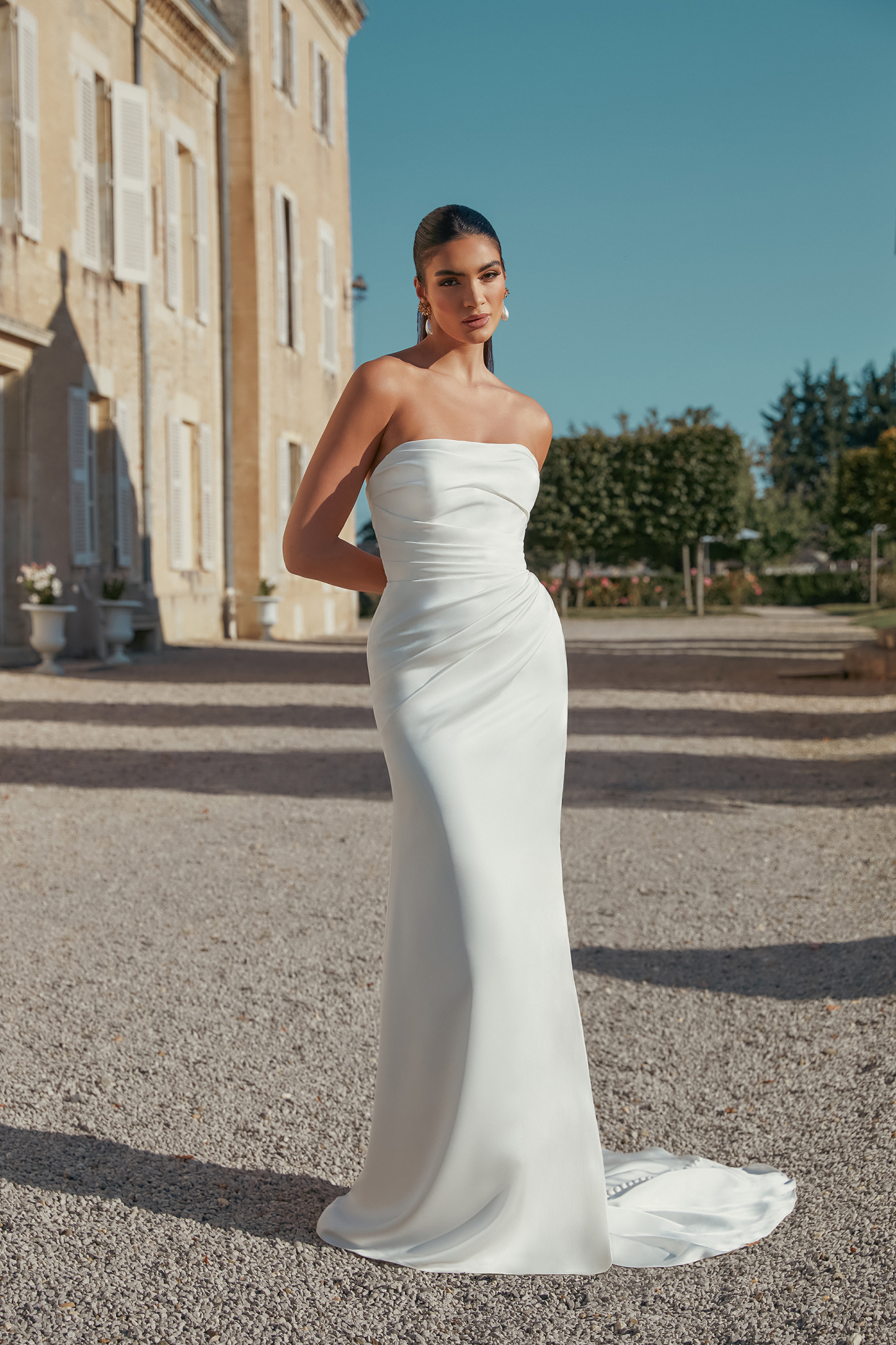 Strapless Charmeuse Fit and Flare Gown with Ruched Bodice and Skirt #44445