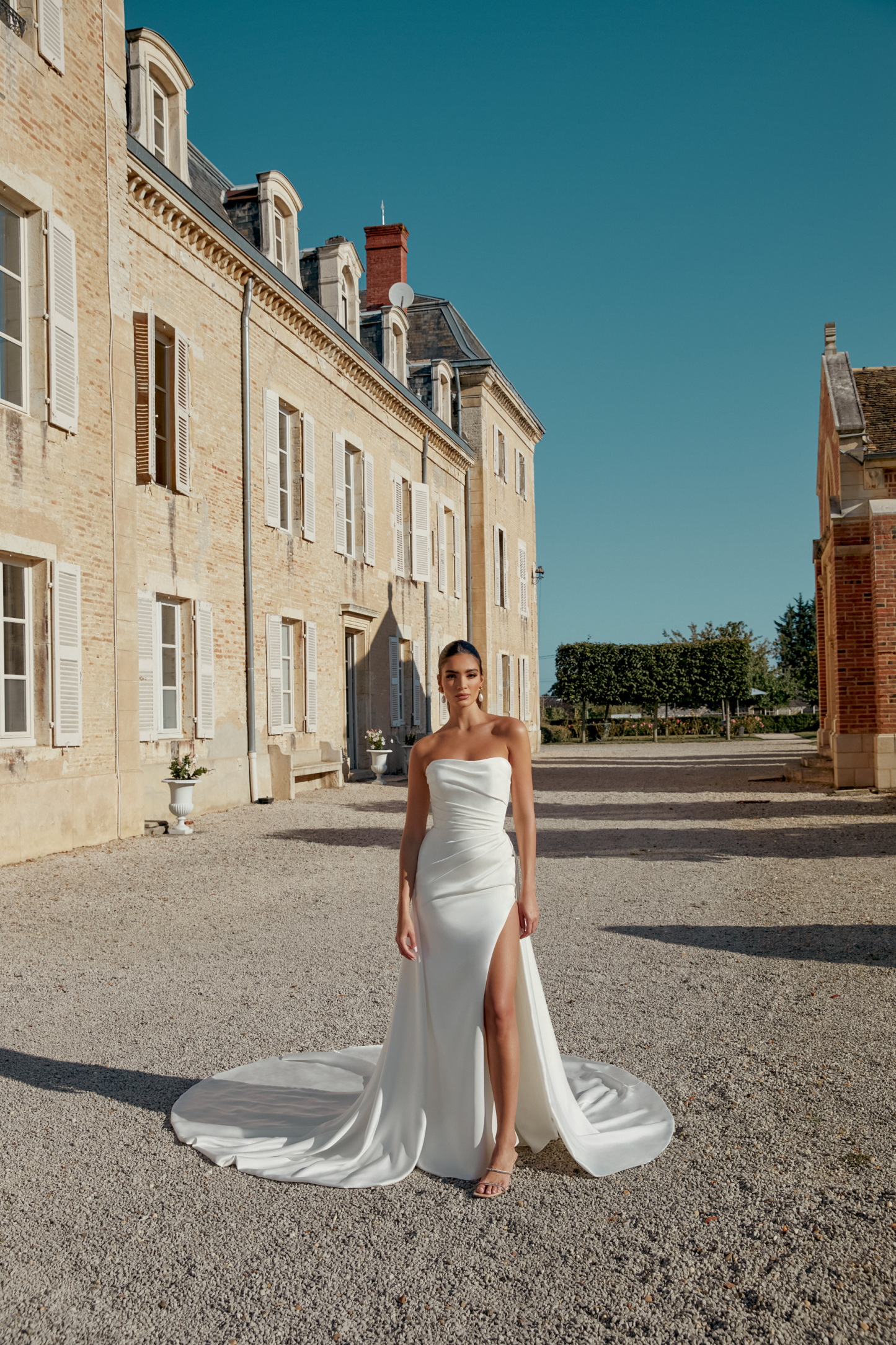Strapless Charmeuse Fit and Flare Gown with Ruched Bodice and Skirt #44445