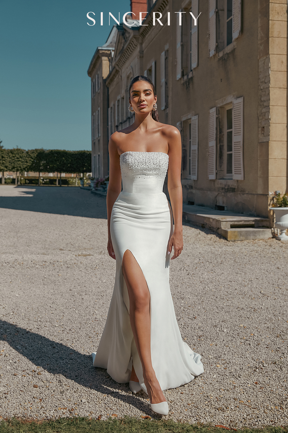 Stretch Crepe Fit and Flare Gown with Embellished Straight Neckline#44447