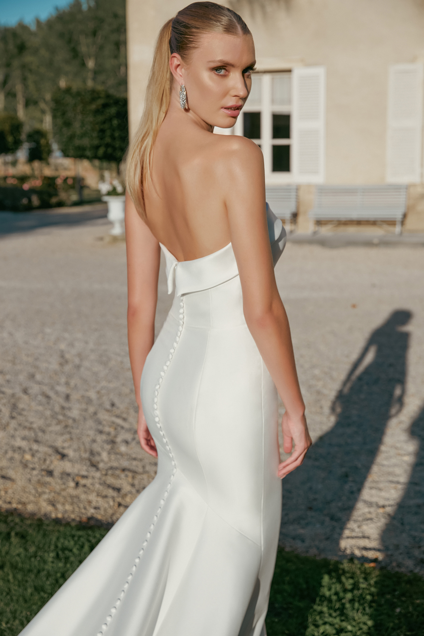 Strapless Stretch Mikado Fit and Flare with Cuffed Straight Neckline #44456