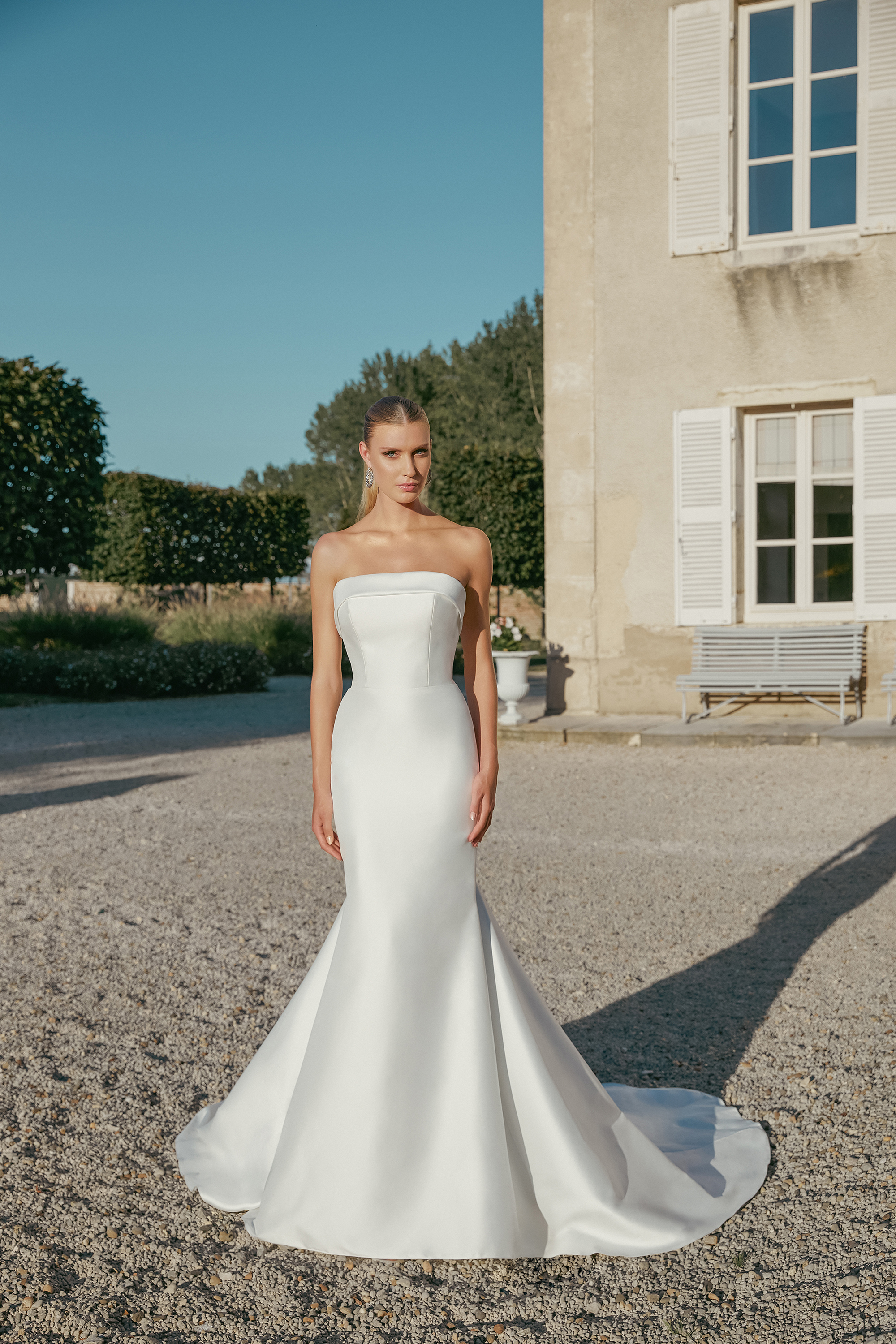 Strapless Stretch Mikado Fit and Flare with Cuffed Straight Neckline #44456